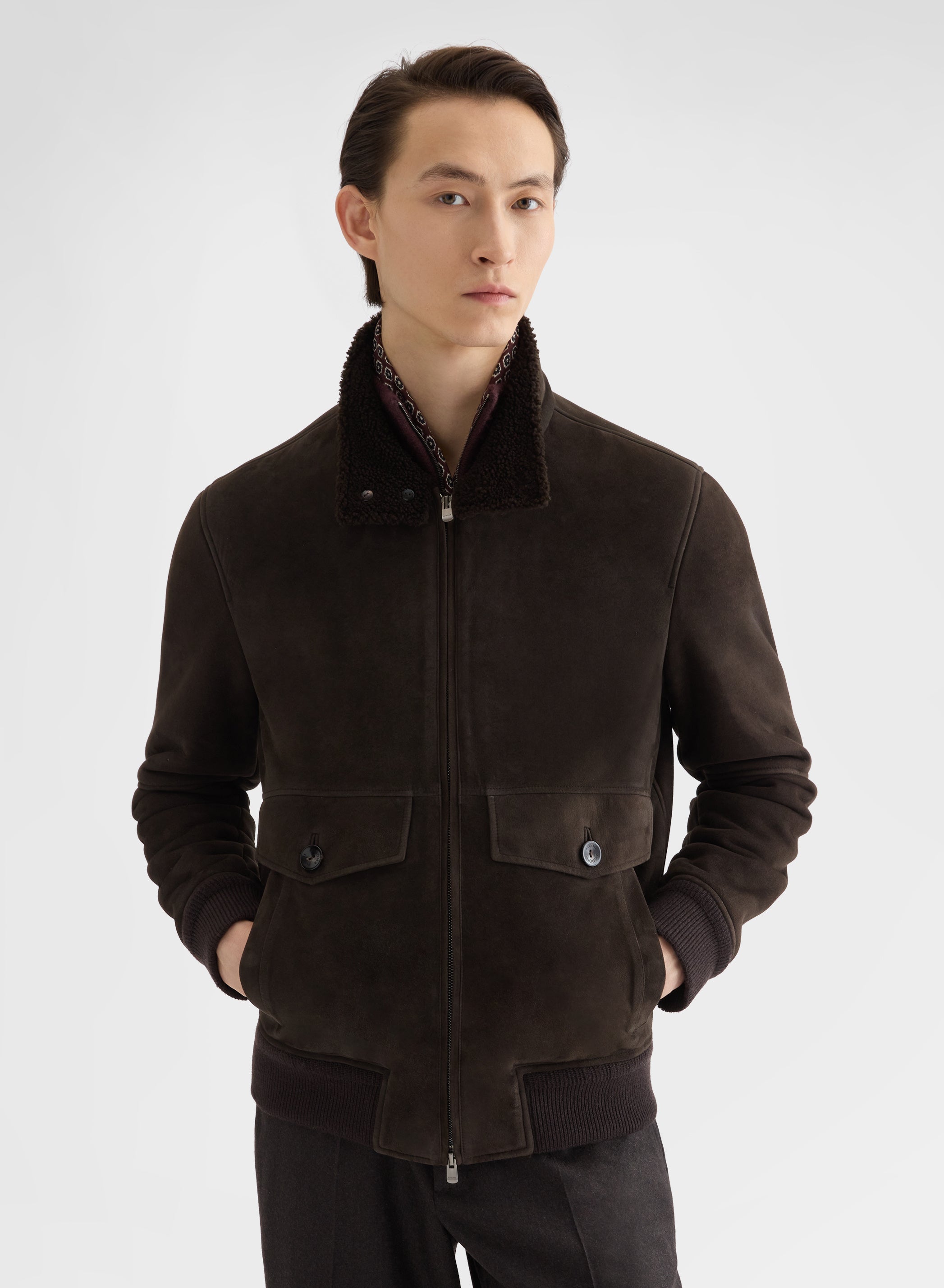 SUEDE SHEARLING ZIPPED HIGH NECK BOMBER EBONY