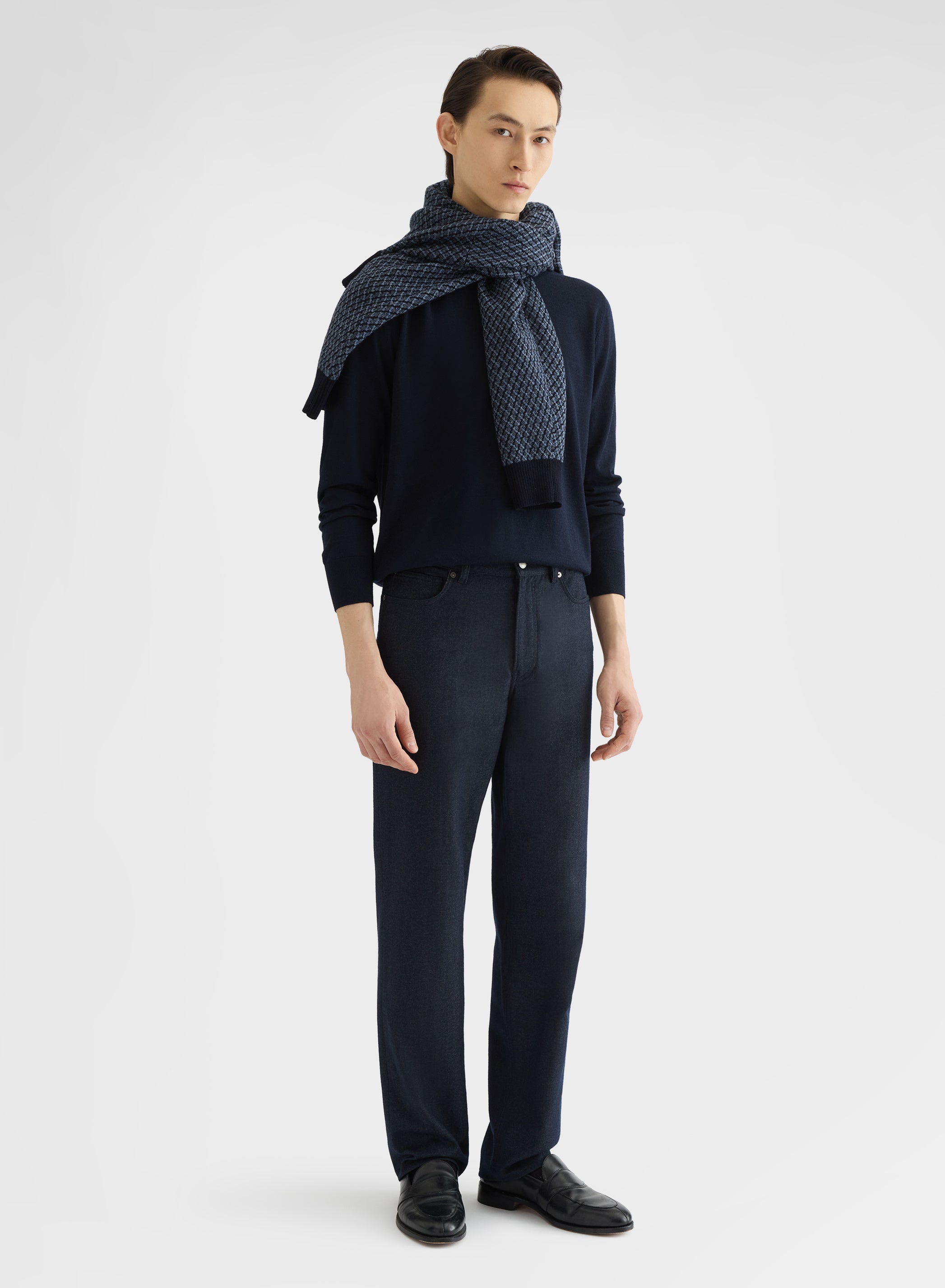 WOOL COTTON DENIM 5 POCKET STRAIGHT TROUSERS