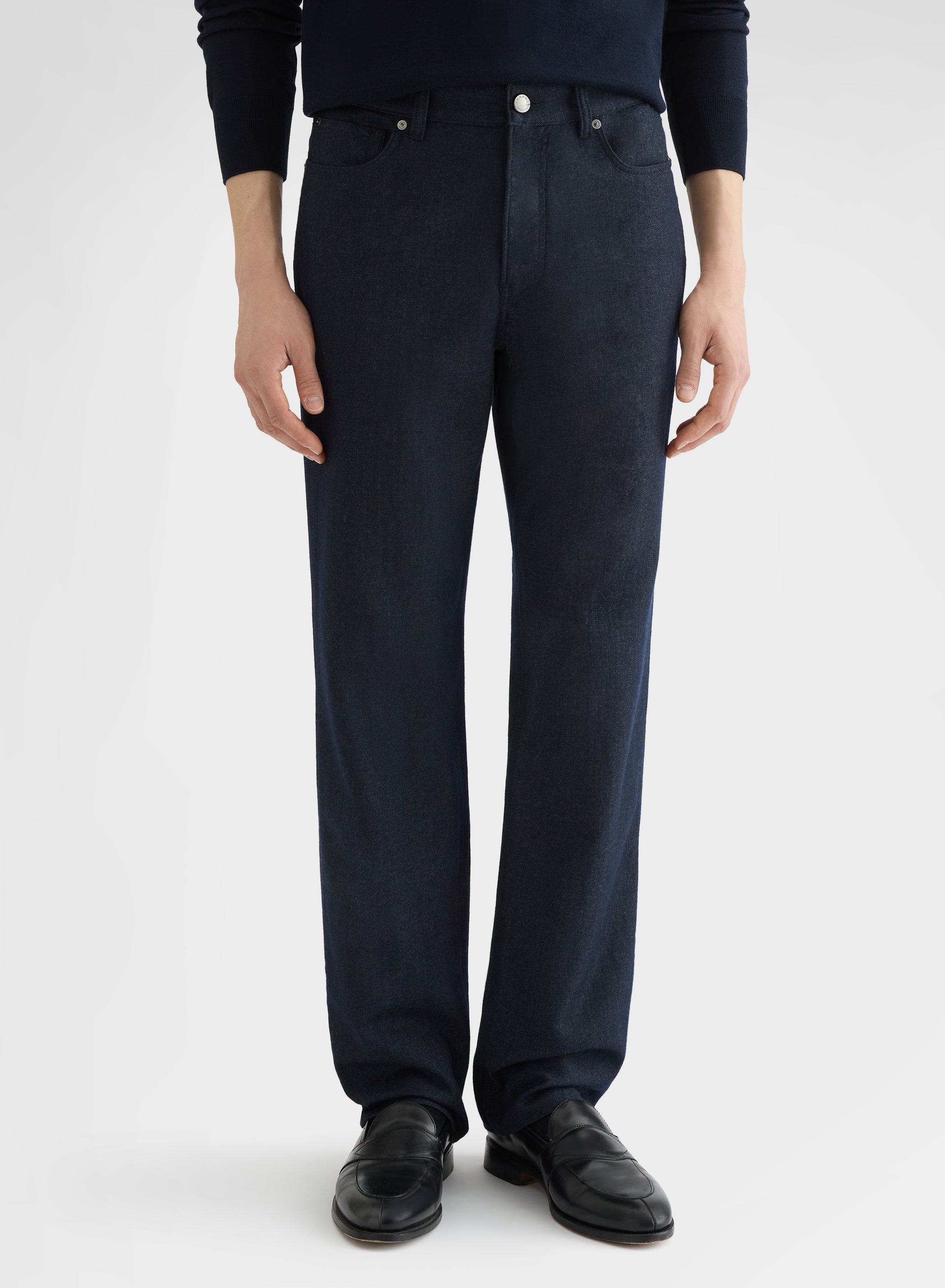 WOOL COTTON DENIM 5 POCKET STRAIGHT TROUSERS