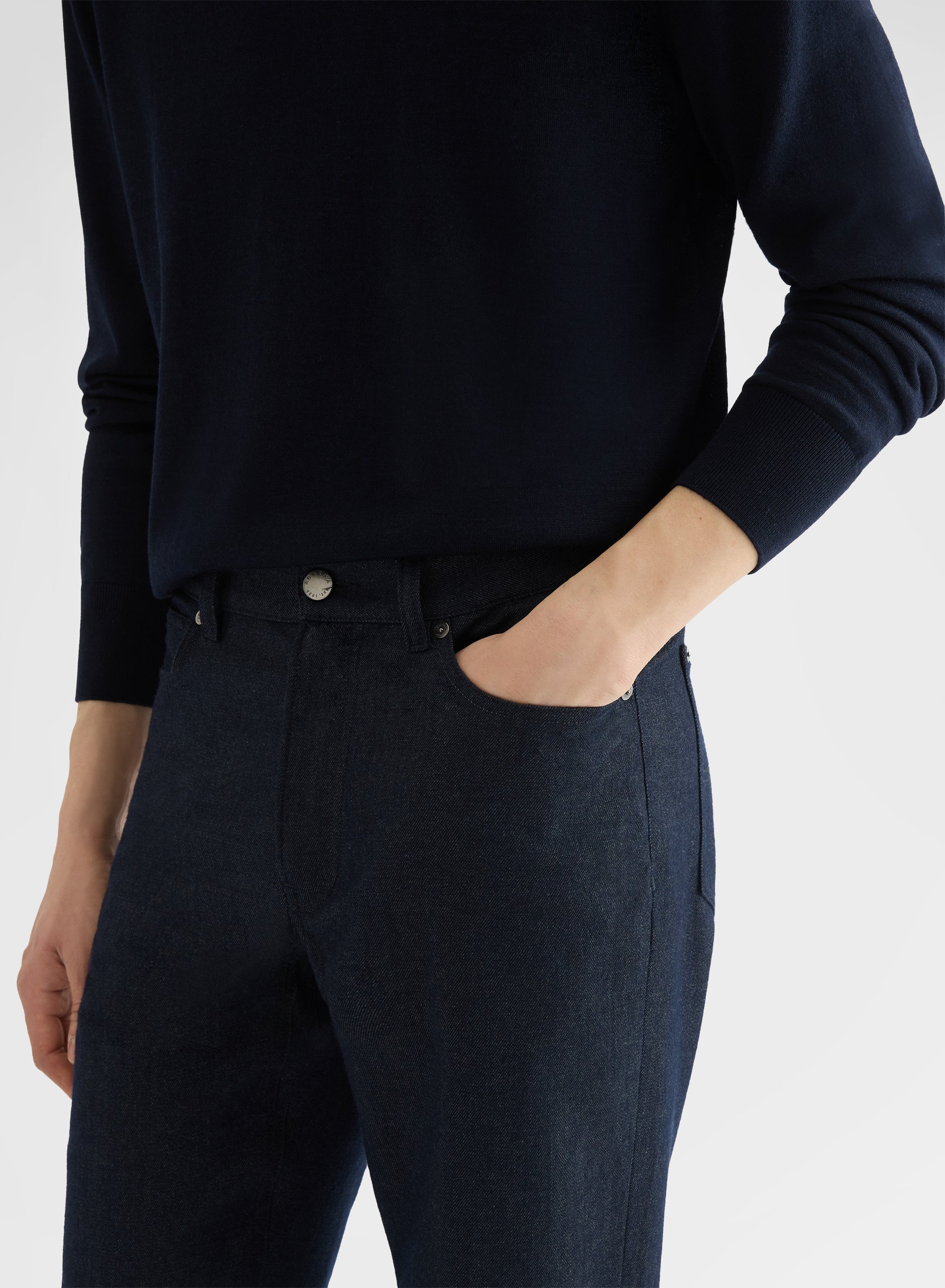 WOOL COTTON DENIM 5 POCKET STRAIGHT TROUSERS