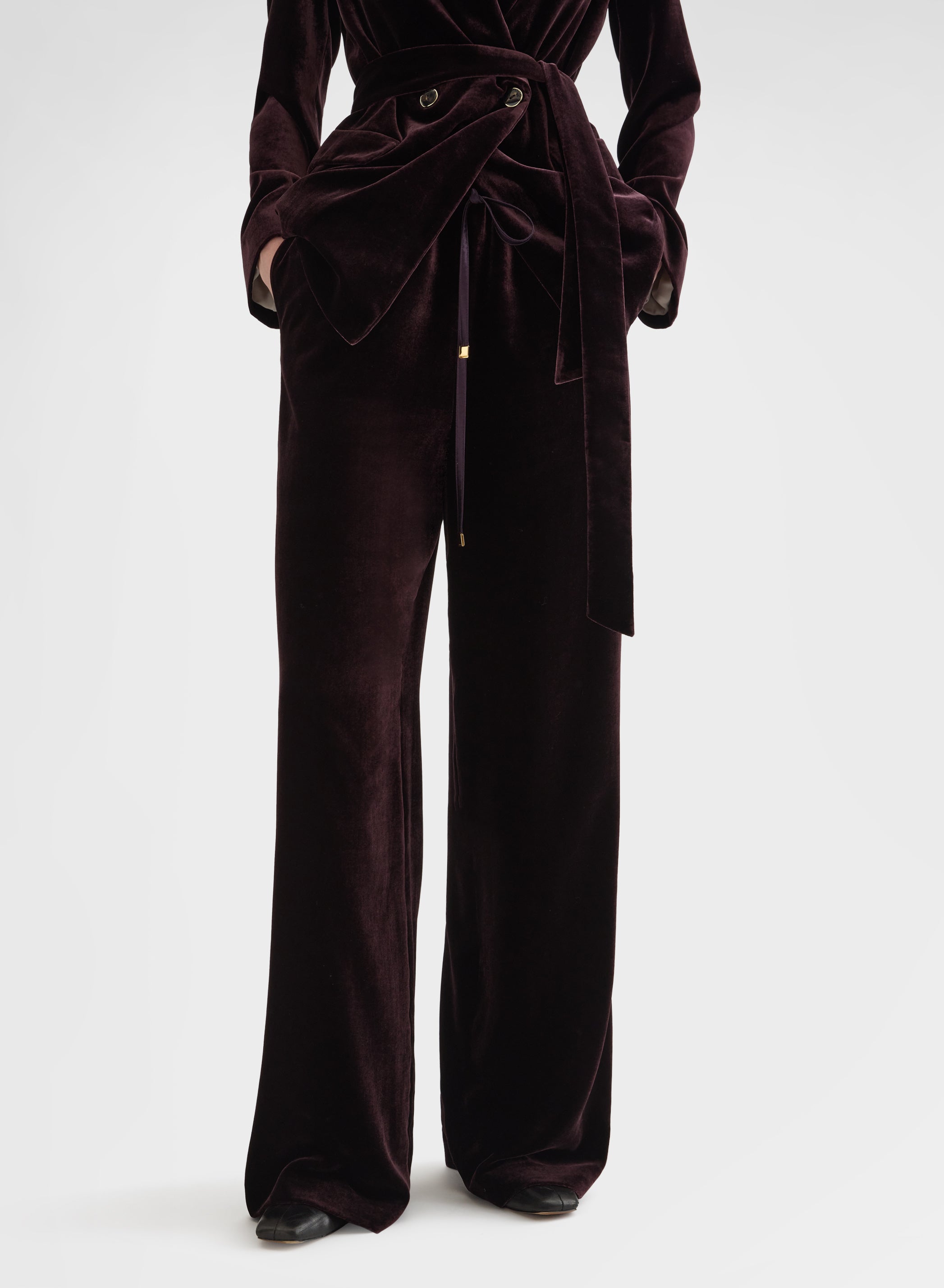 SILK BLEND VELVET DRAWSTRING PANTS BURGUNDY