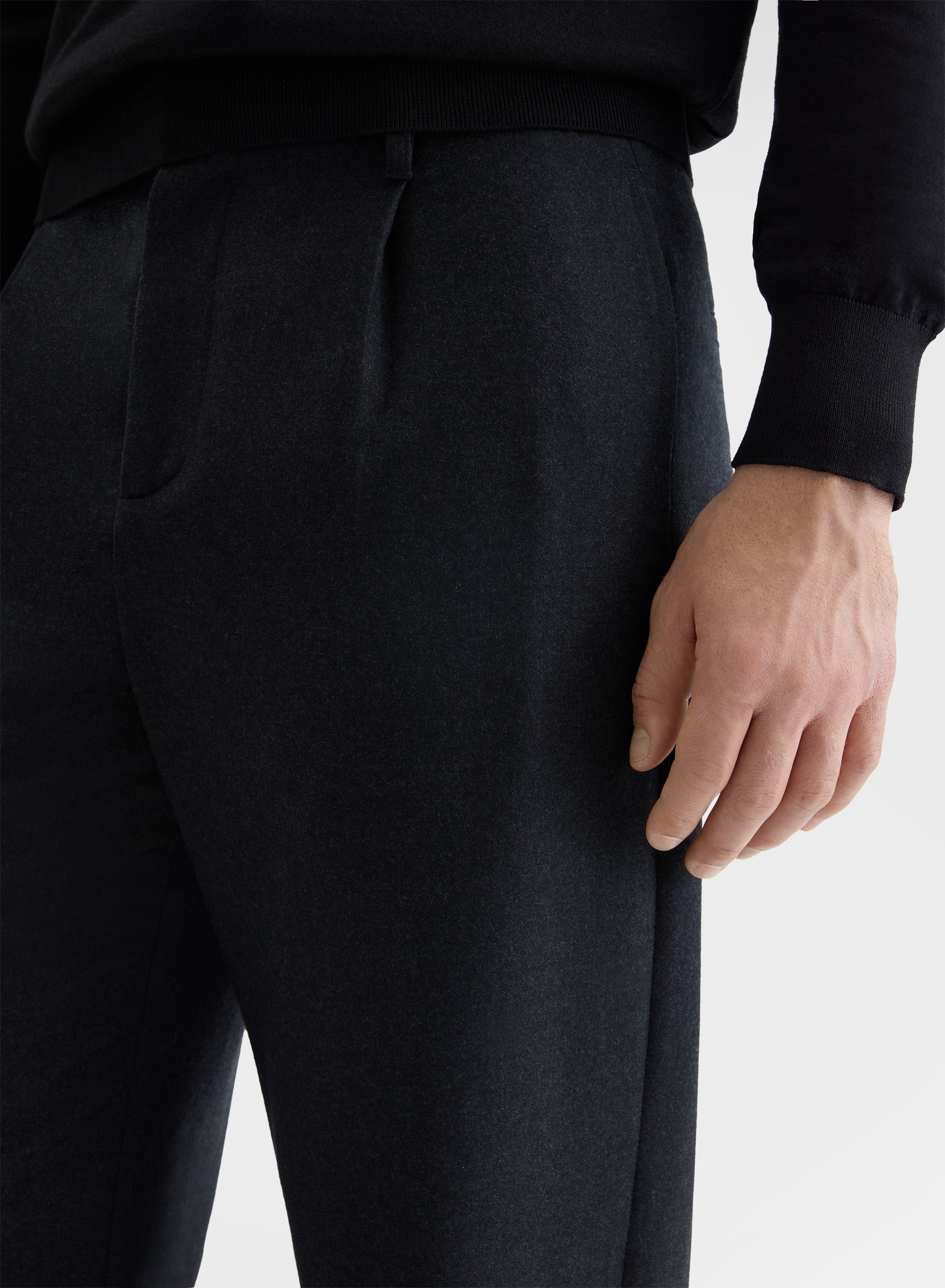 LIGHT WOOL FLANNEL ONE PLEAT TROUSERS CHARCOAL