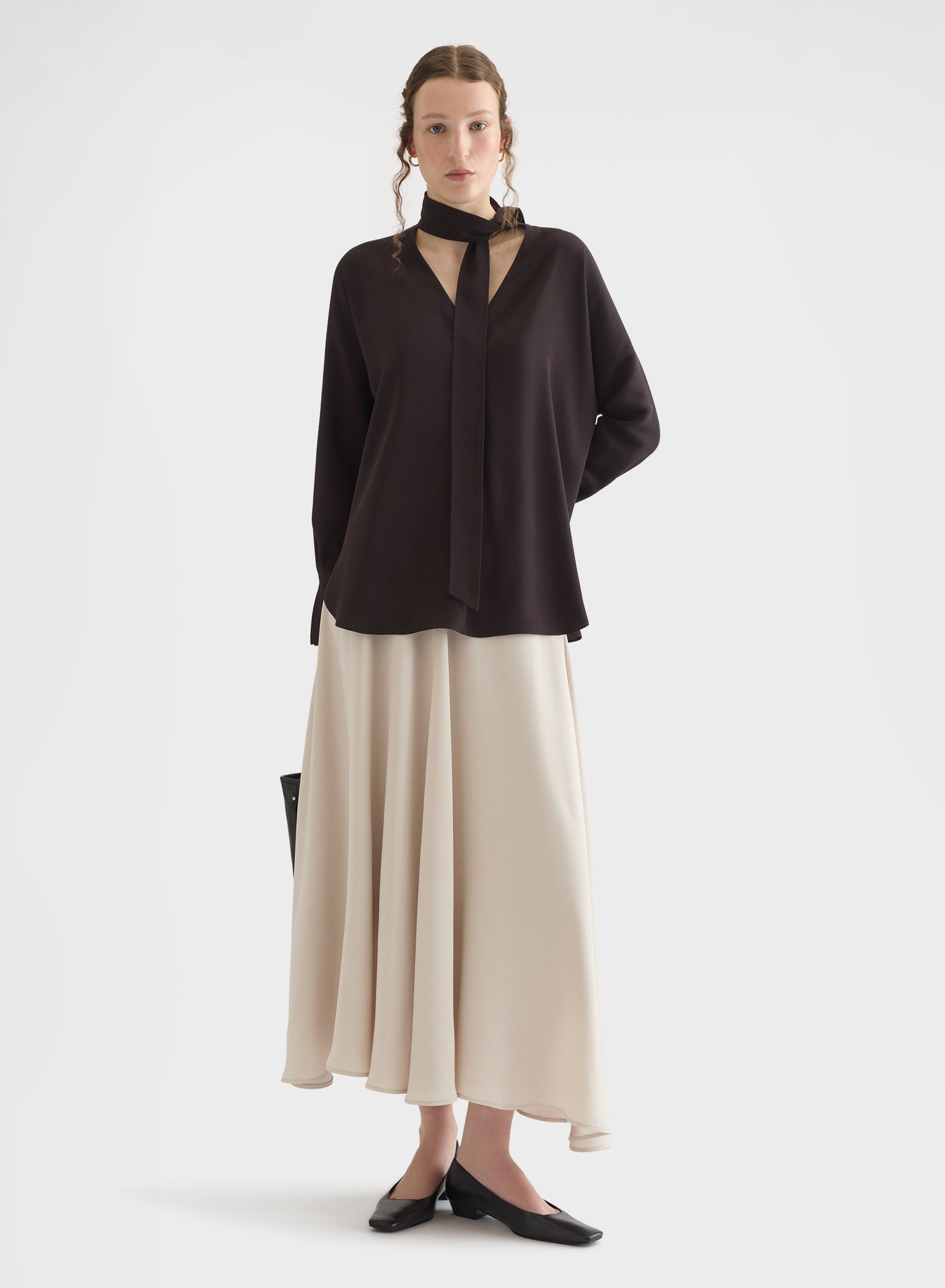 MATT SILK BLEND HIGH WAISTED WIDE MIDI SKIRT GREIGE