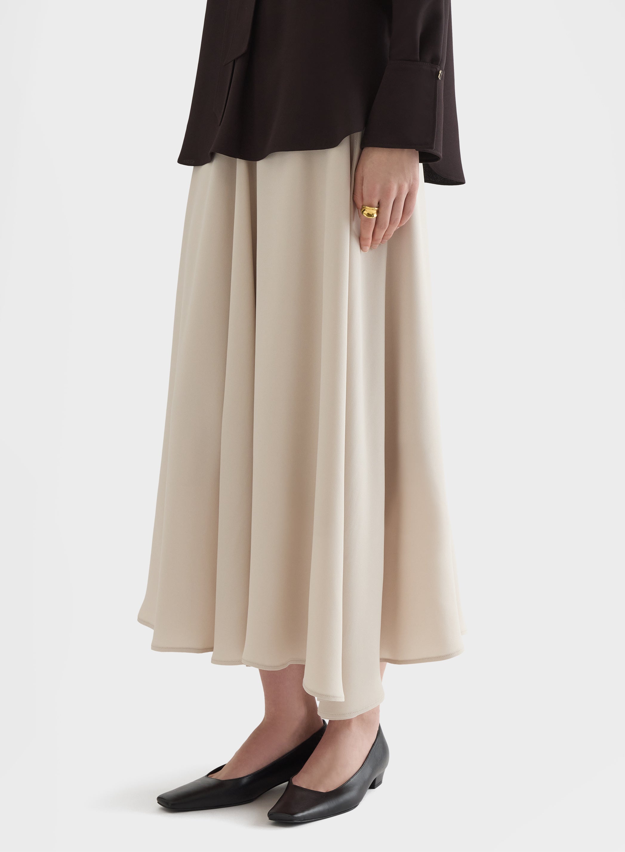 MATT SILK BLEND HIGH WAISTED WIDE MIDI SKIRT GREIGE