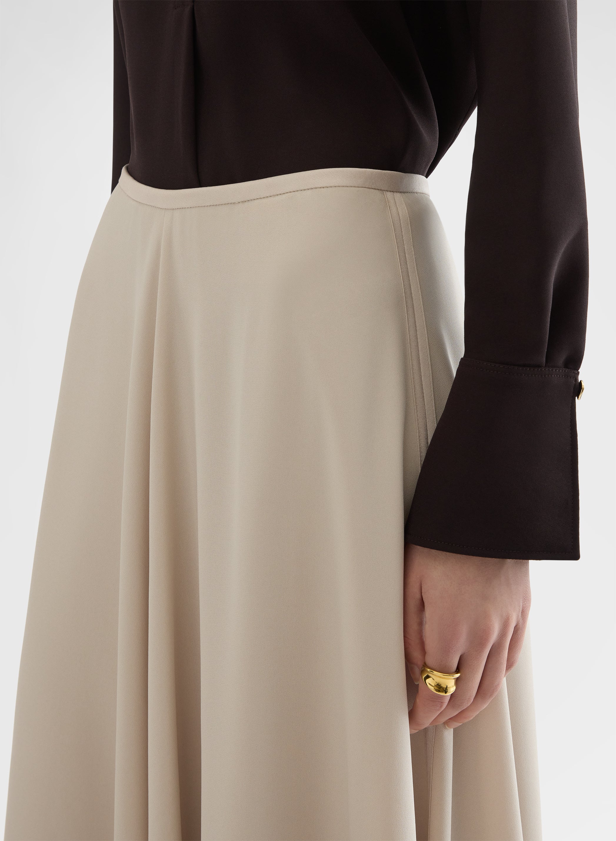 MATT SILK BLEND HIGH WAISTED WIDE MIDI SKIRT GREIGE
