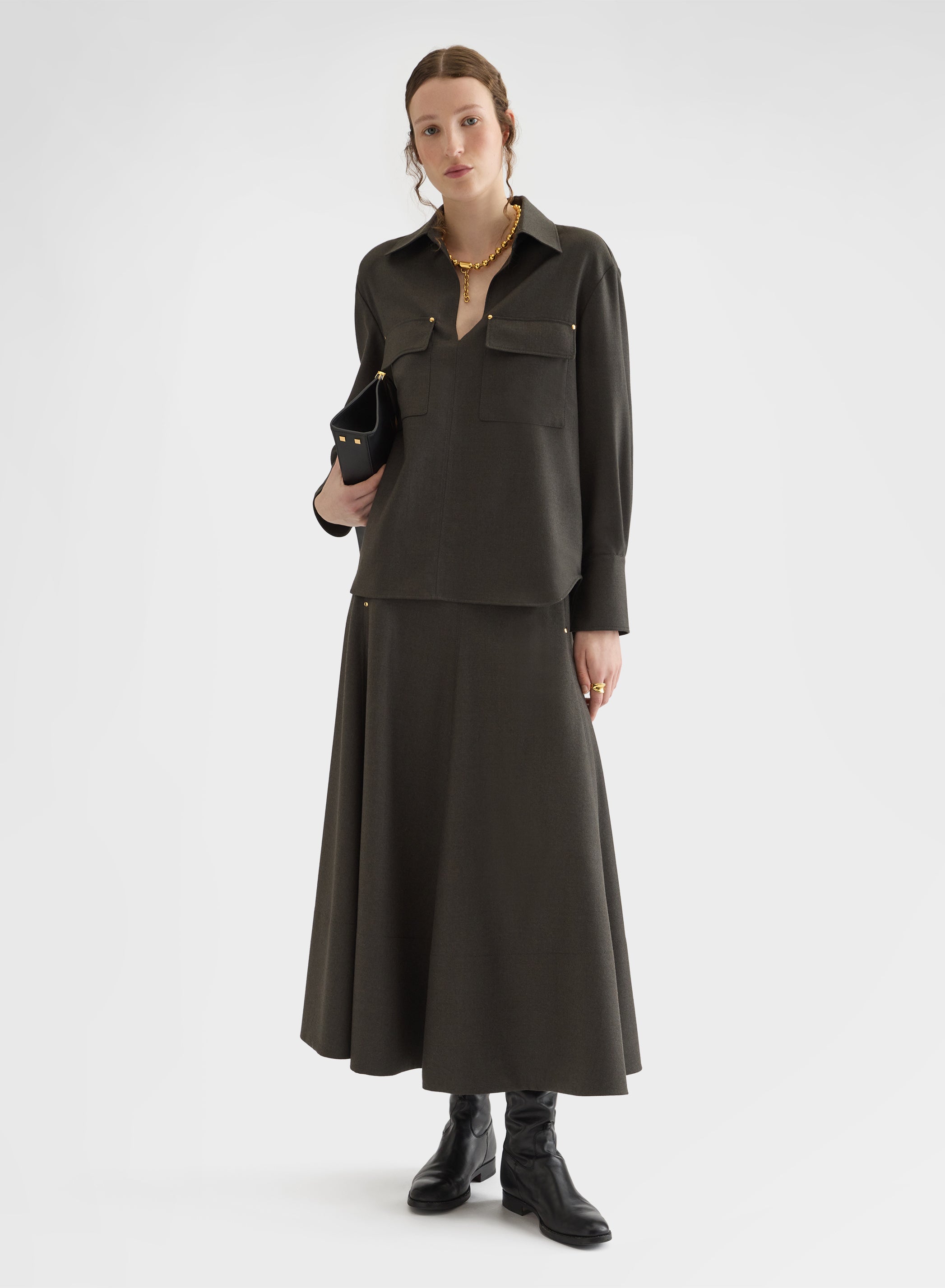 LIGHT WOOL FLANNEL WIDE MIDI SKIRT