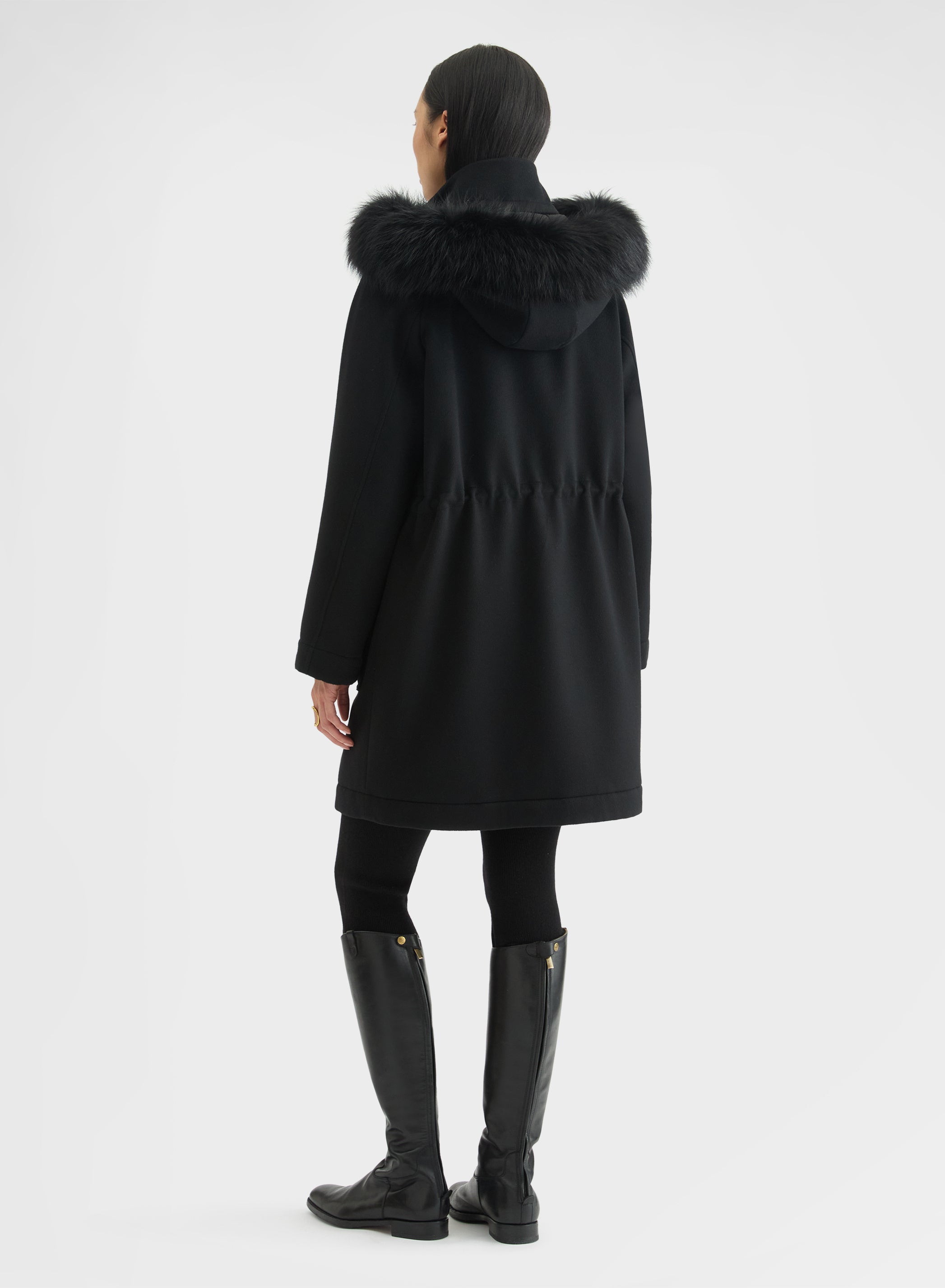 CASHMERE DRAP FUR COLLAR PARKA BLACK