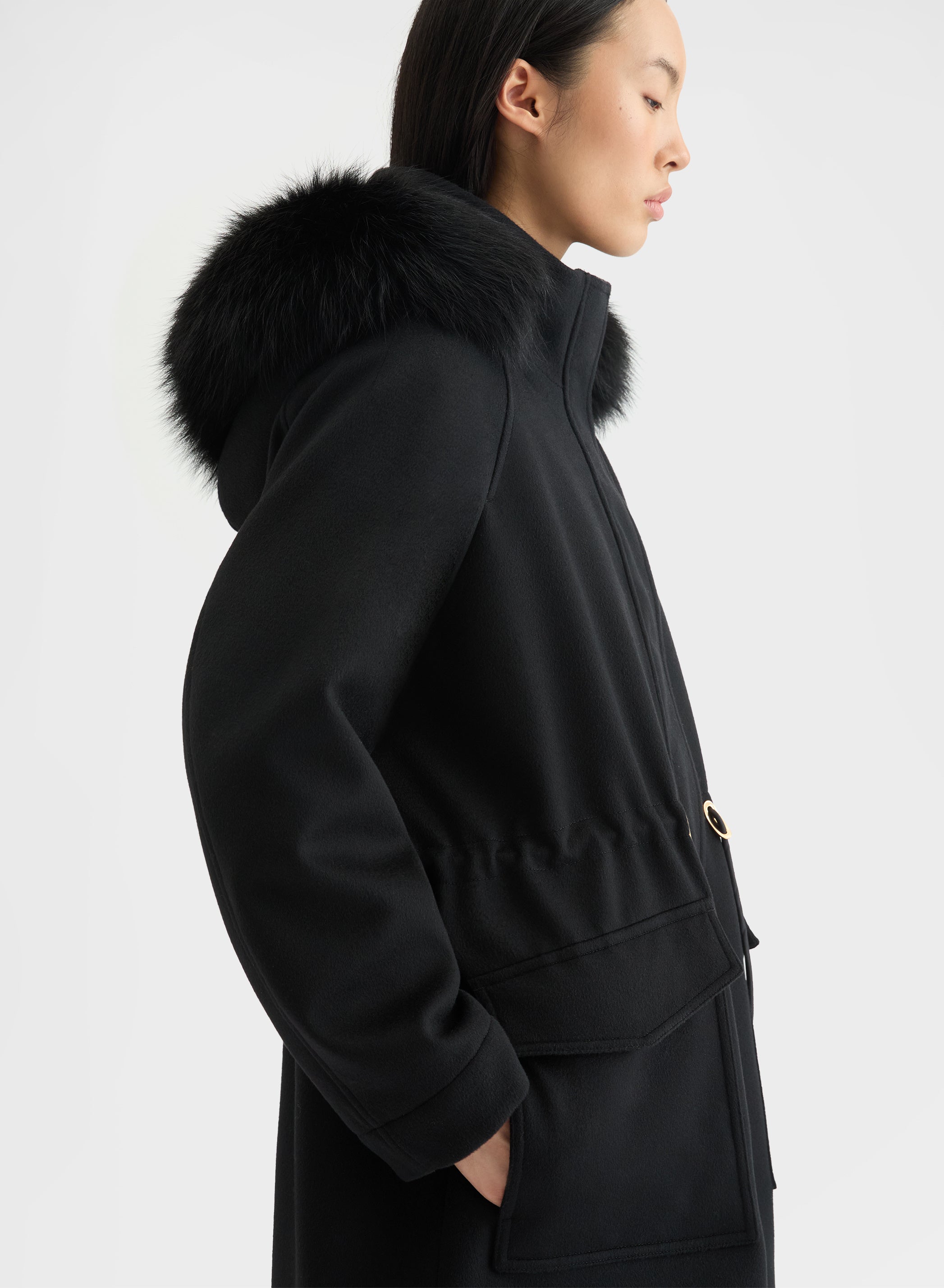 CASHMERE DRAP FUR COLLAR PARKA BLACK