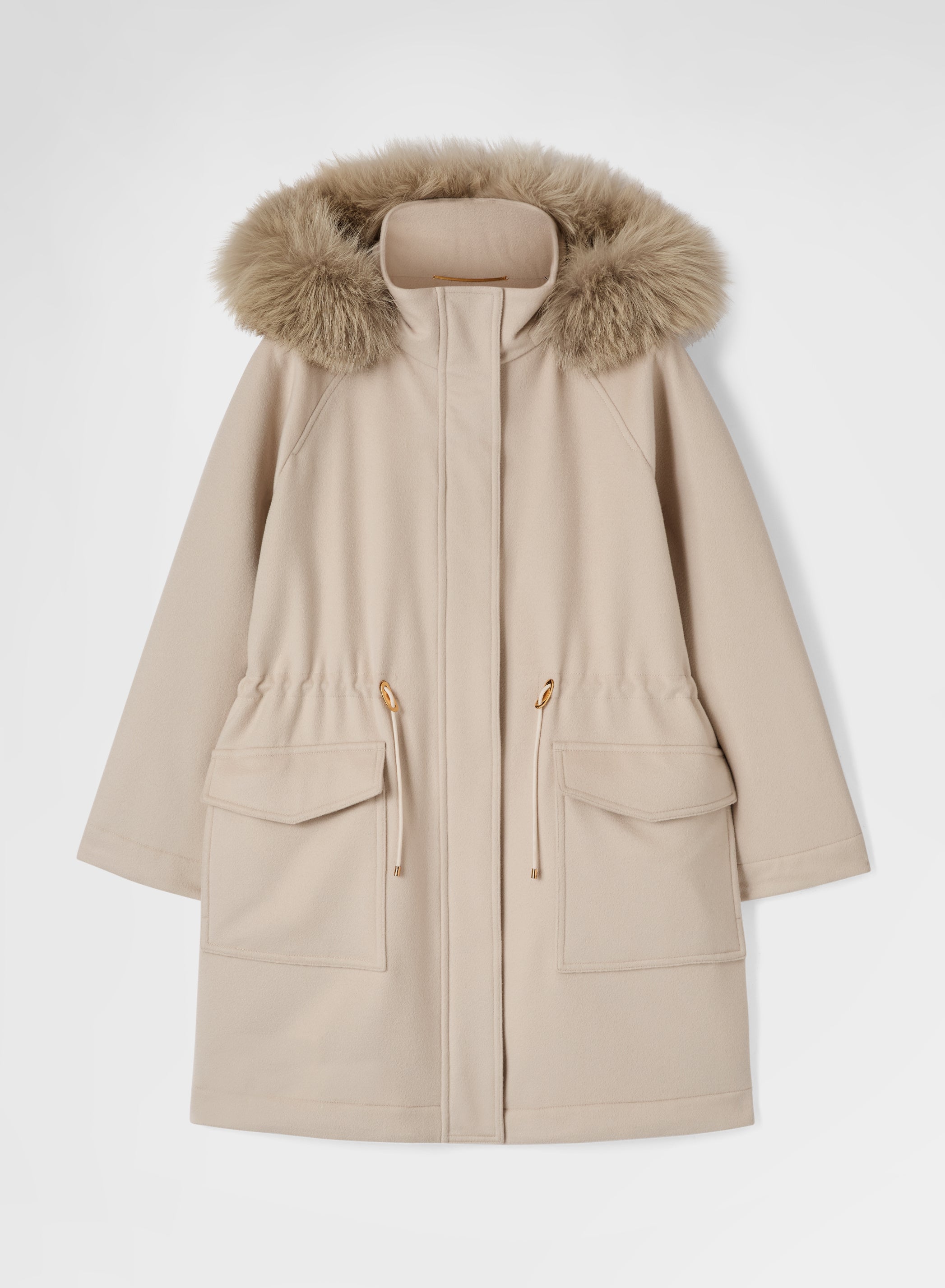 CASHMERE DRAP FUR COLLAR PARKA GREIGE