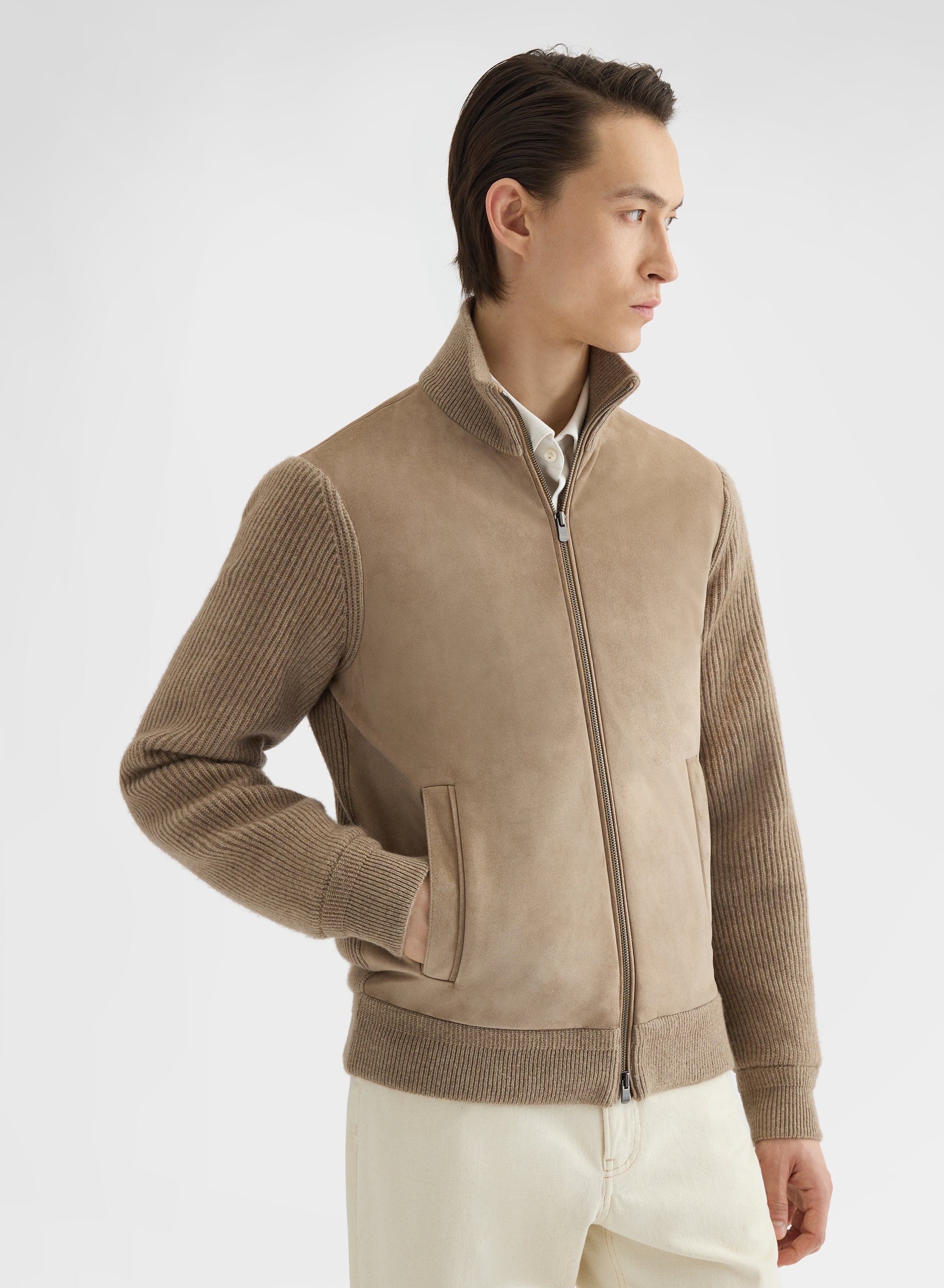 CASHMERE ENGLISH RIB AND SUEDE BOMBER
