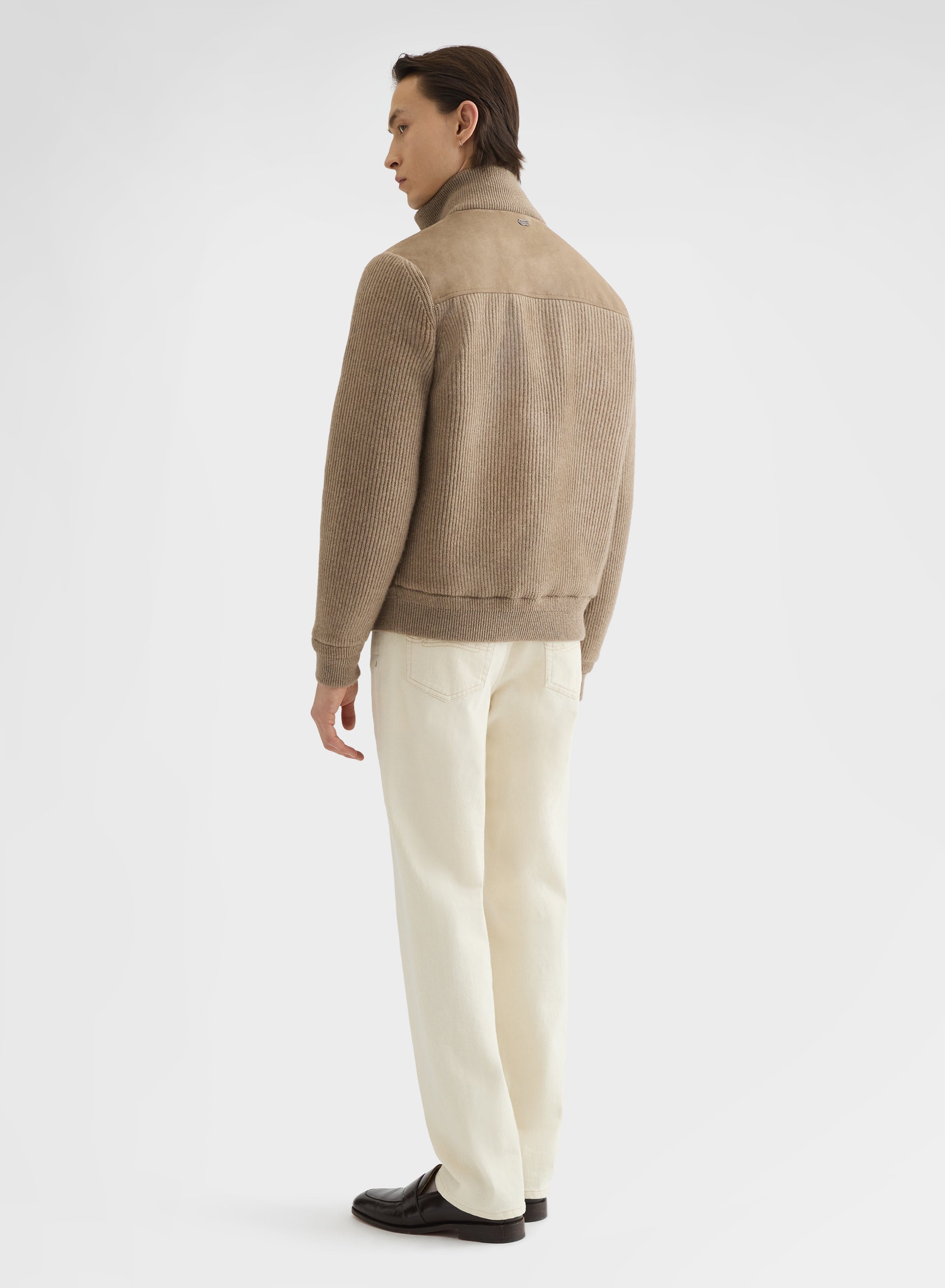 CASHMERE ENGLISH RIB AND SUEDE BOMBER