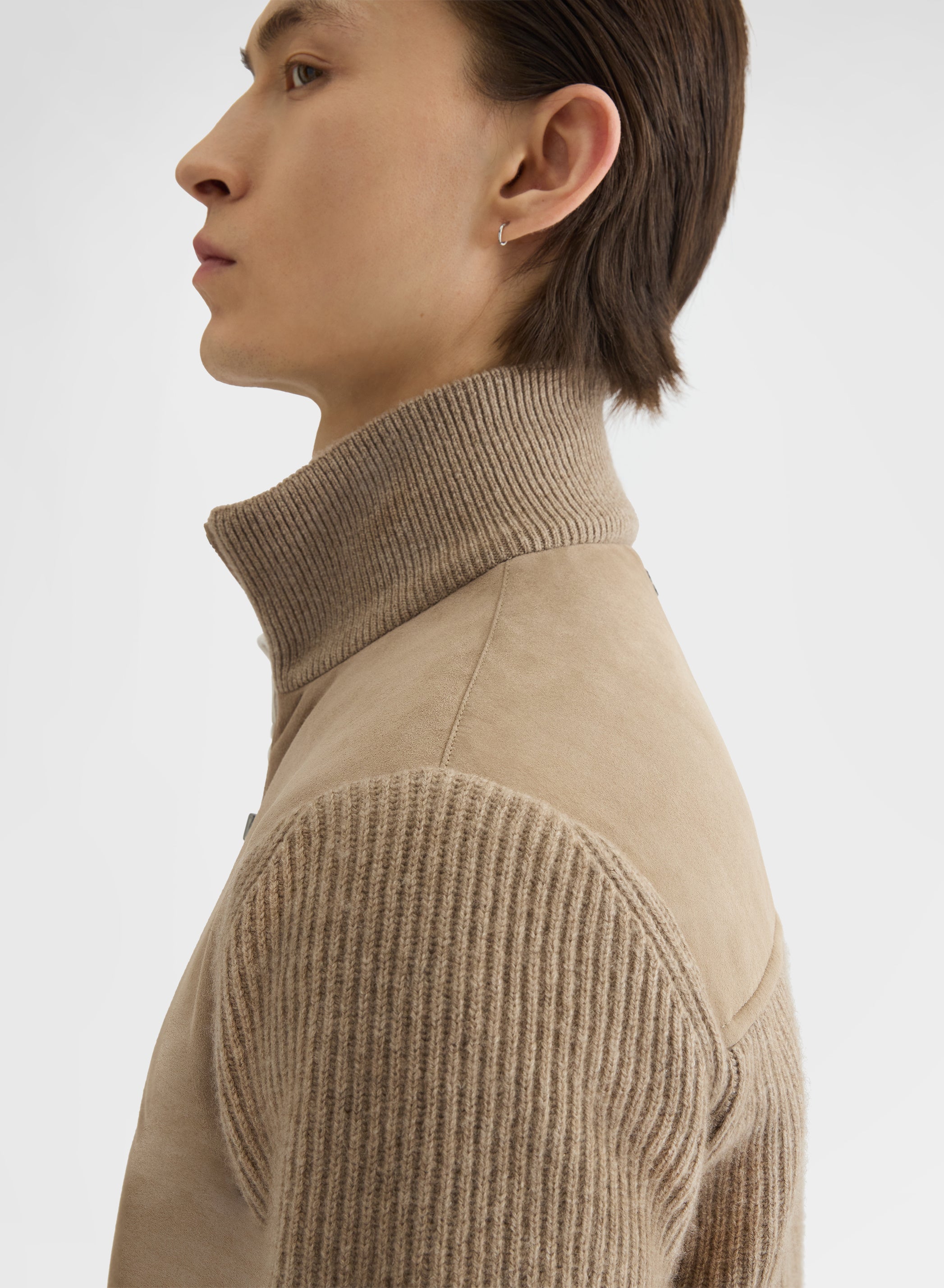 CASHMERE ENGLISH RIB AND SUEDE BOMBER