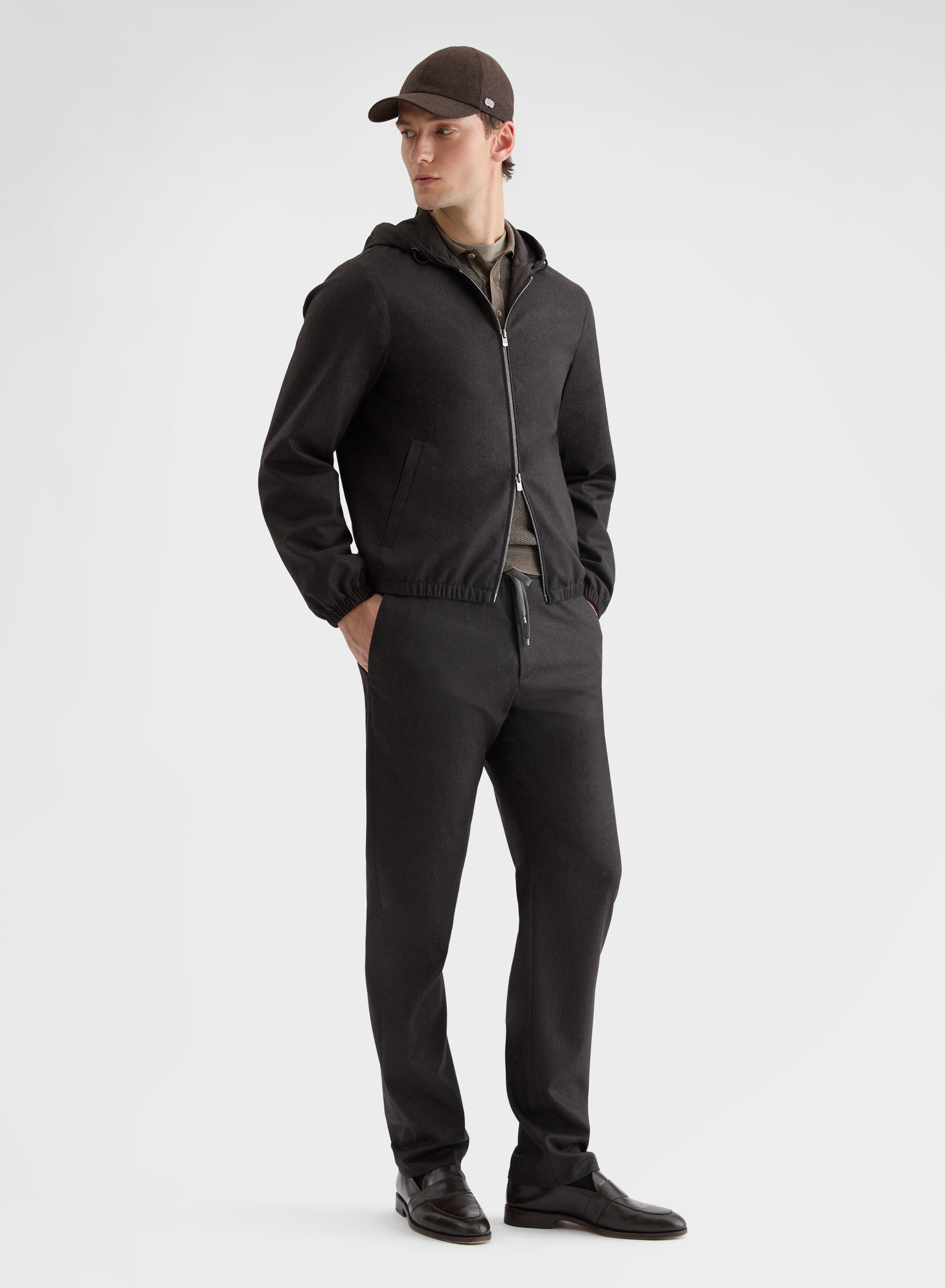 WOOL FLANNEL HOODED BLOUSON EBONY