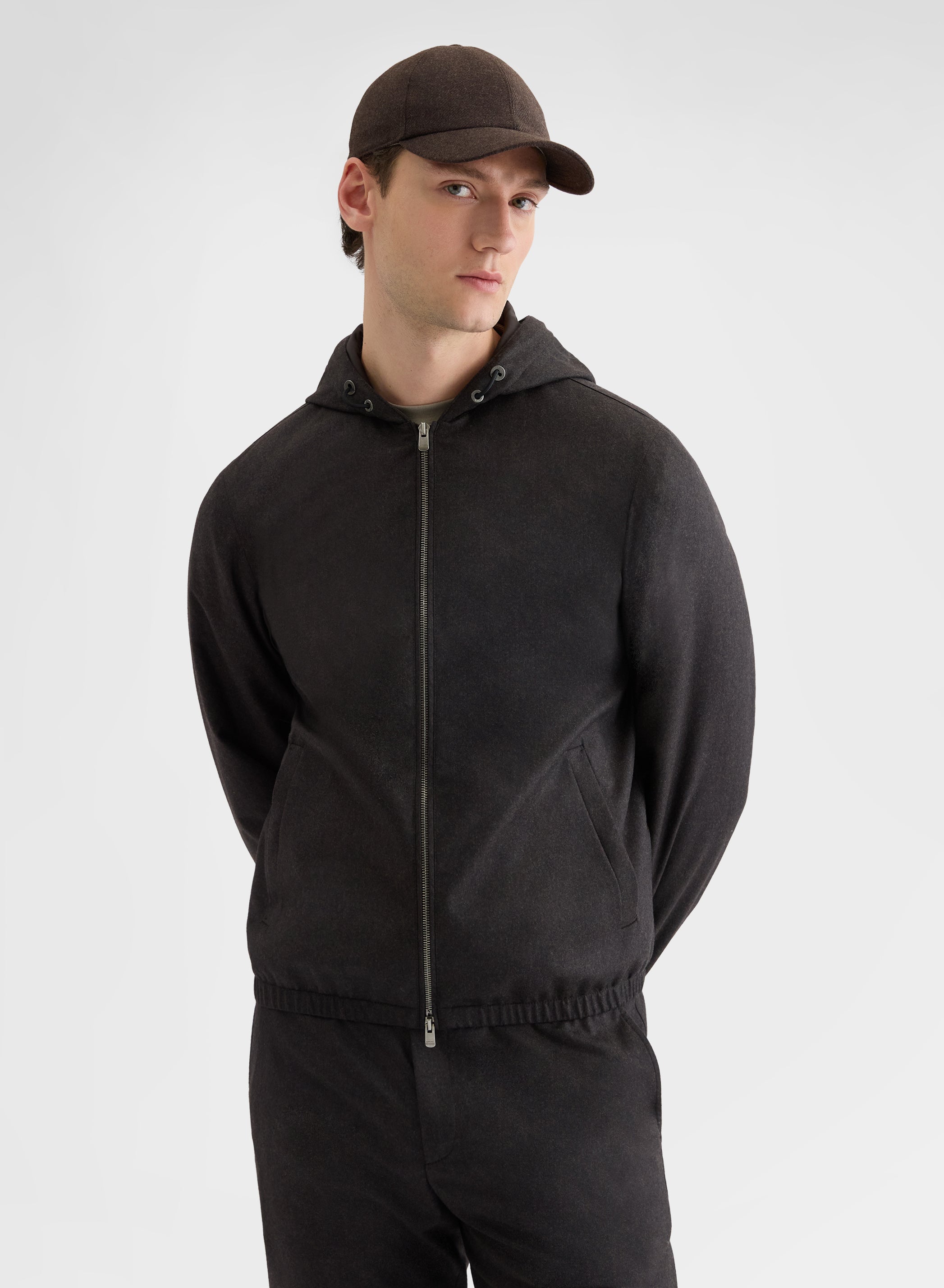 WOOL FLANNEL HOODED BLOUSON EBONY