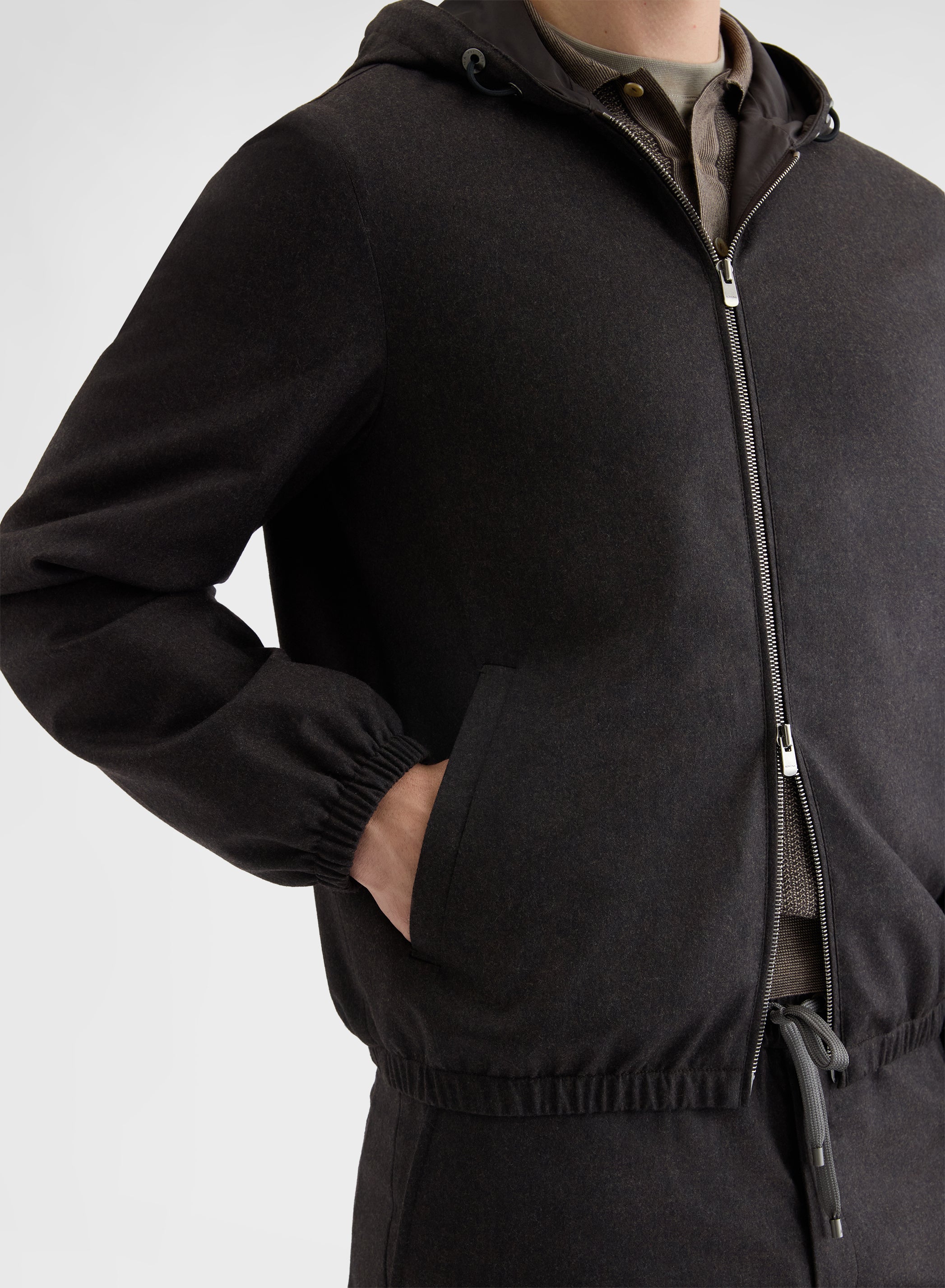 WOOL FLANNEL HOODED BLOUSON EBONY
