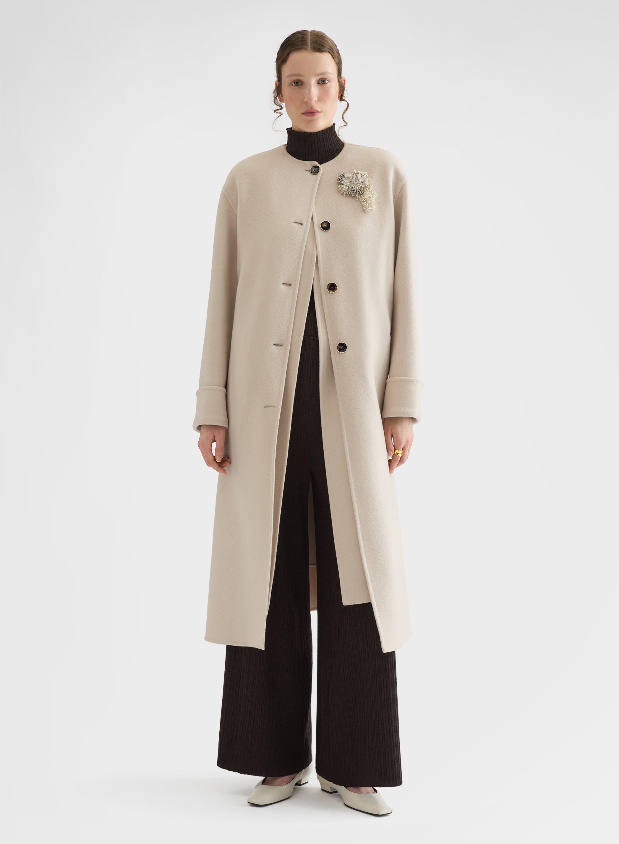 CASHMERE DOUBLE FACE ROUND NECK LONG COAT GREIGE