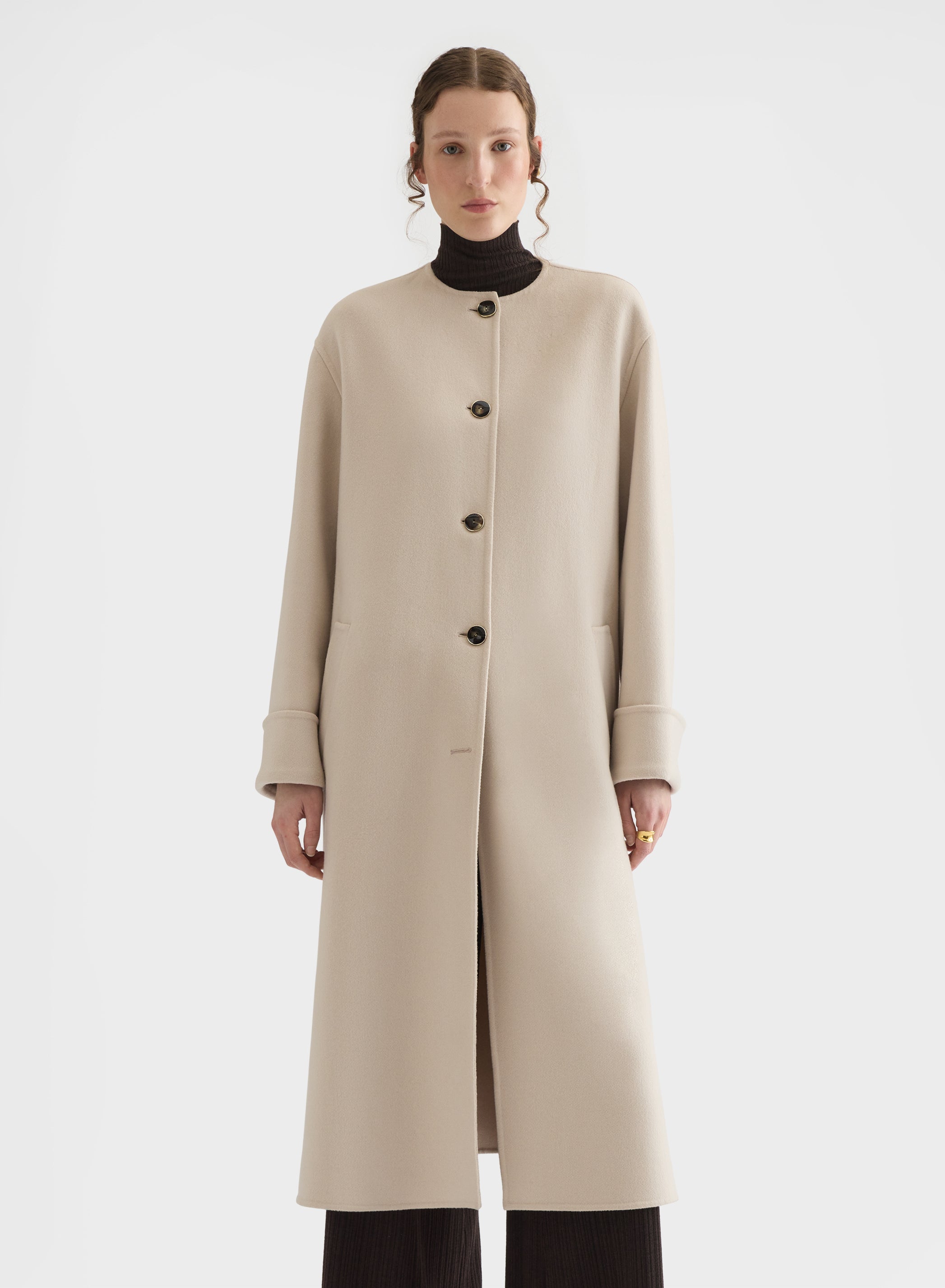 CASHMERE DOUBLE FACE ROUND NECK LONG COAT GREIGE