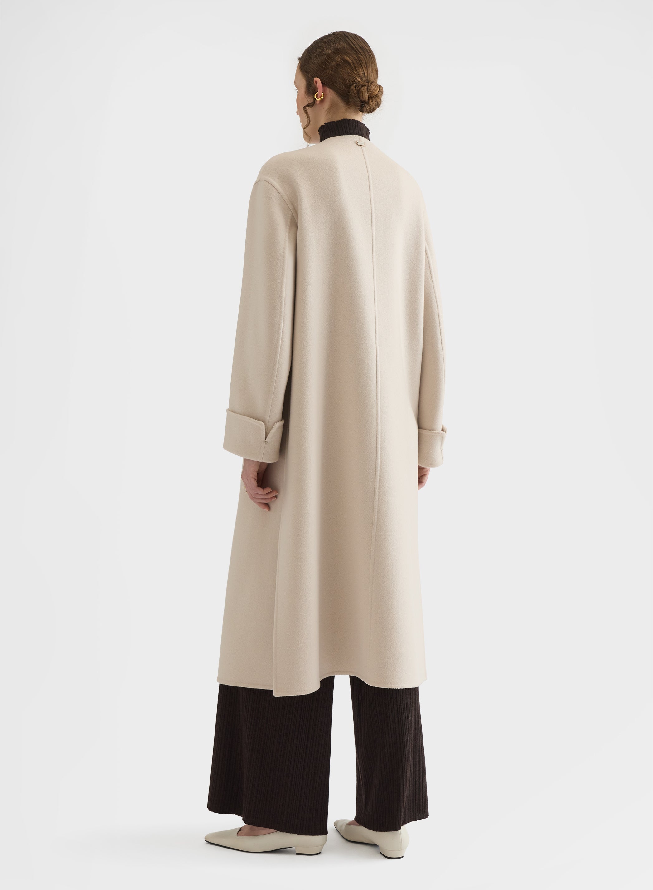 CASHMERE DOUBLE FACE ROUND NECK LONG COAT GREIGE
