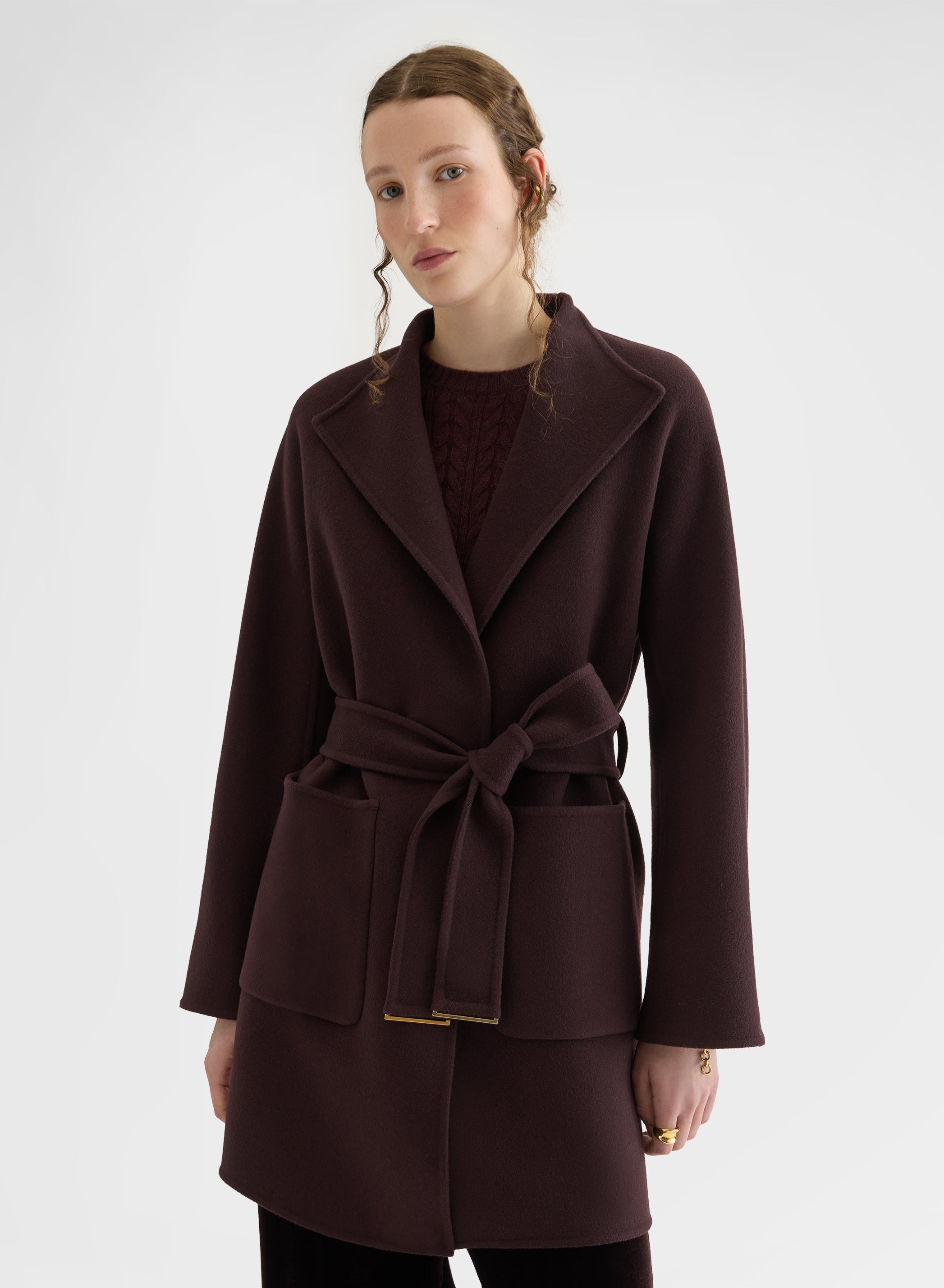 MATT CASHMERE DOUBLE FACE HIGH NECK BELTED COAT BURGUNDY