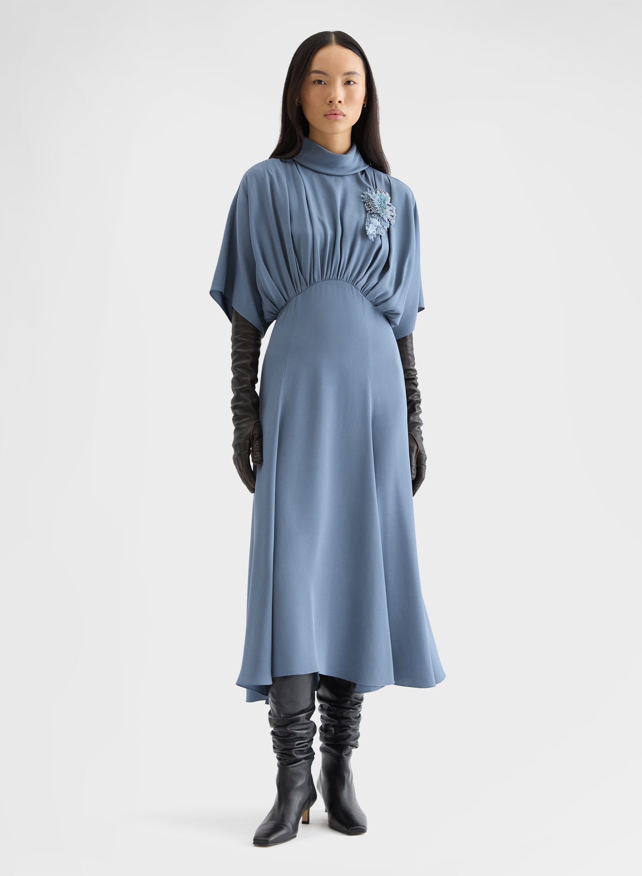 MATT SILK BLEND DRAPED KIMONO DRESS DARK POWDER