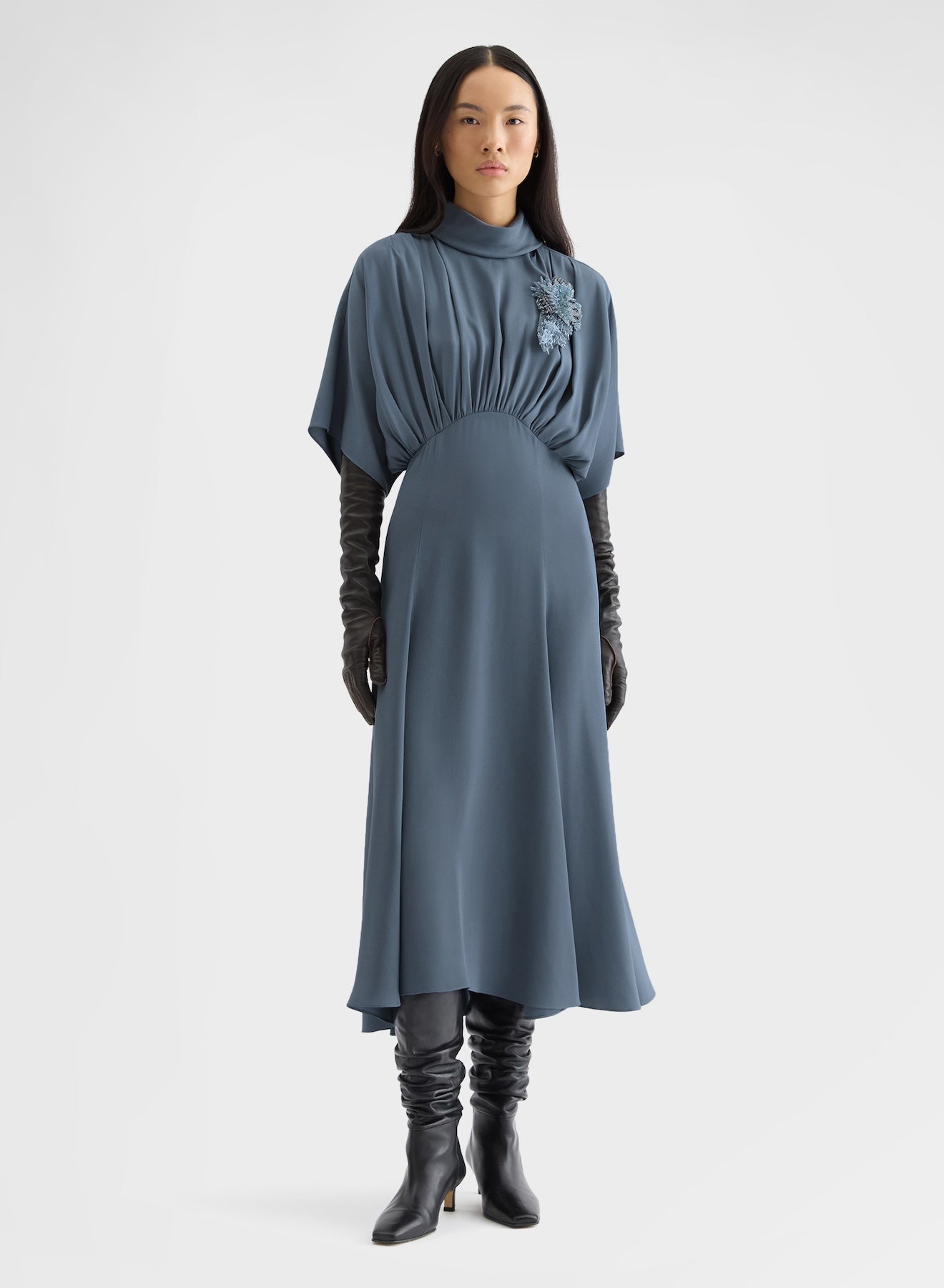 MATT SILK BLEND DRAPED KIMONO DRESS DARK POWDER