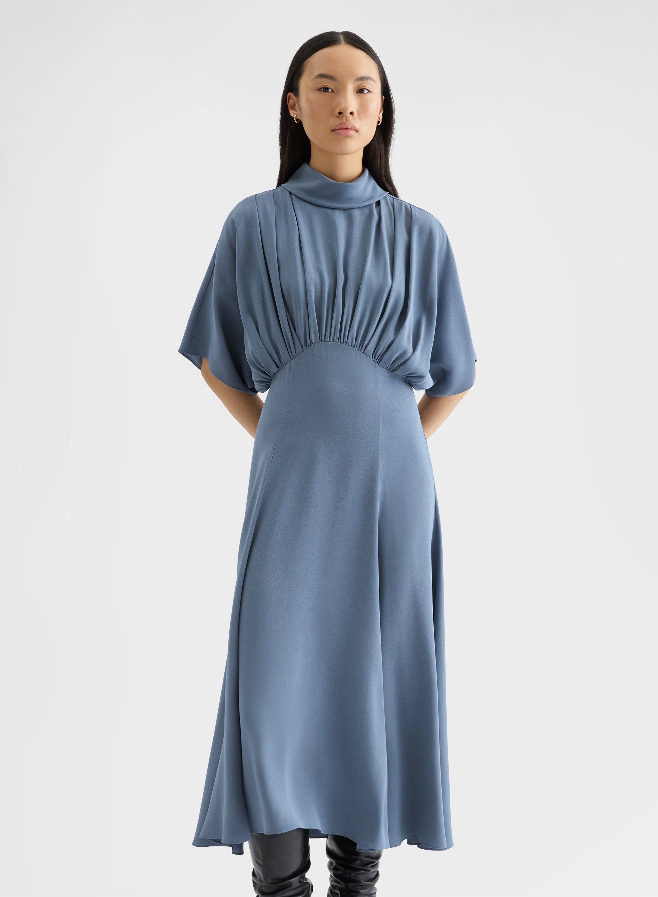 MATT SILK BLEND DRAPED KIMONO DRESS DARK POWDER