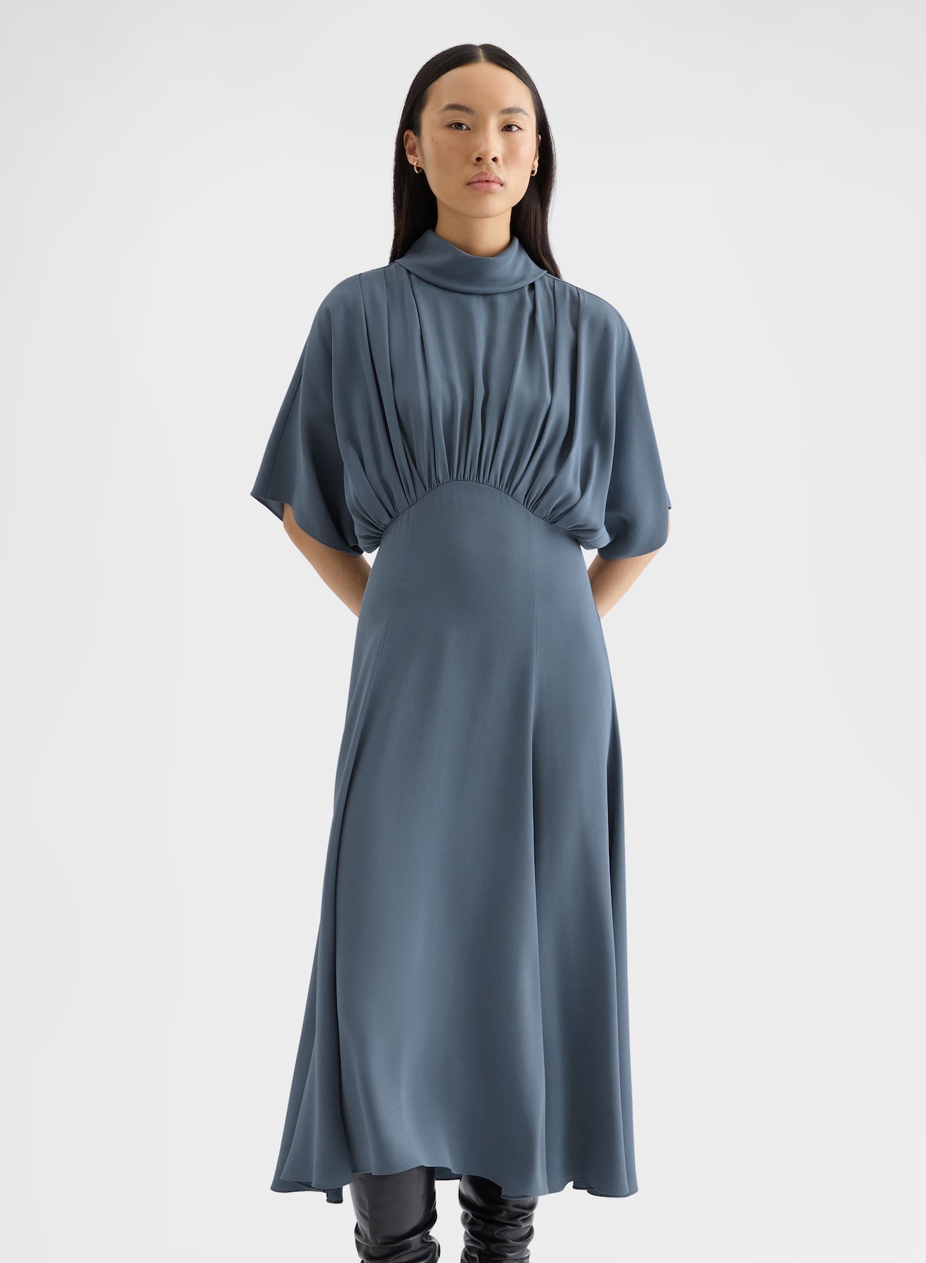MATT SILK BLEND DRAPED KIMONO DRESS DARK POWDER