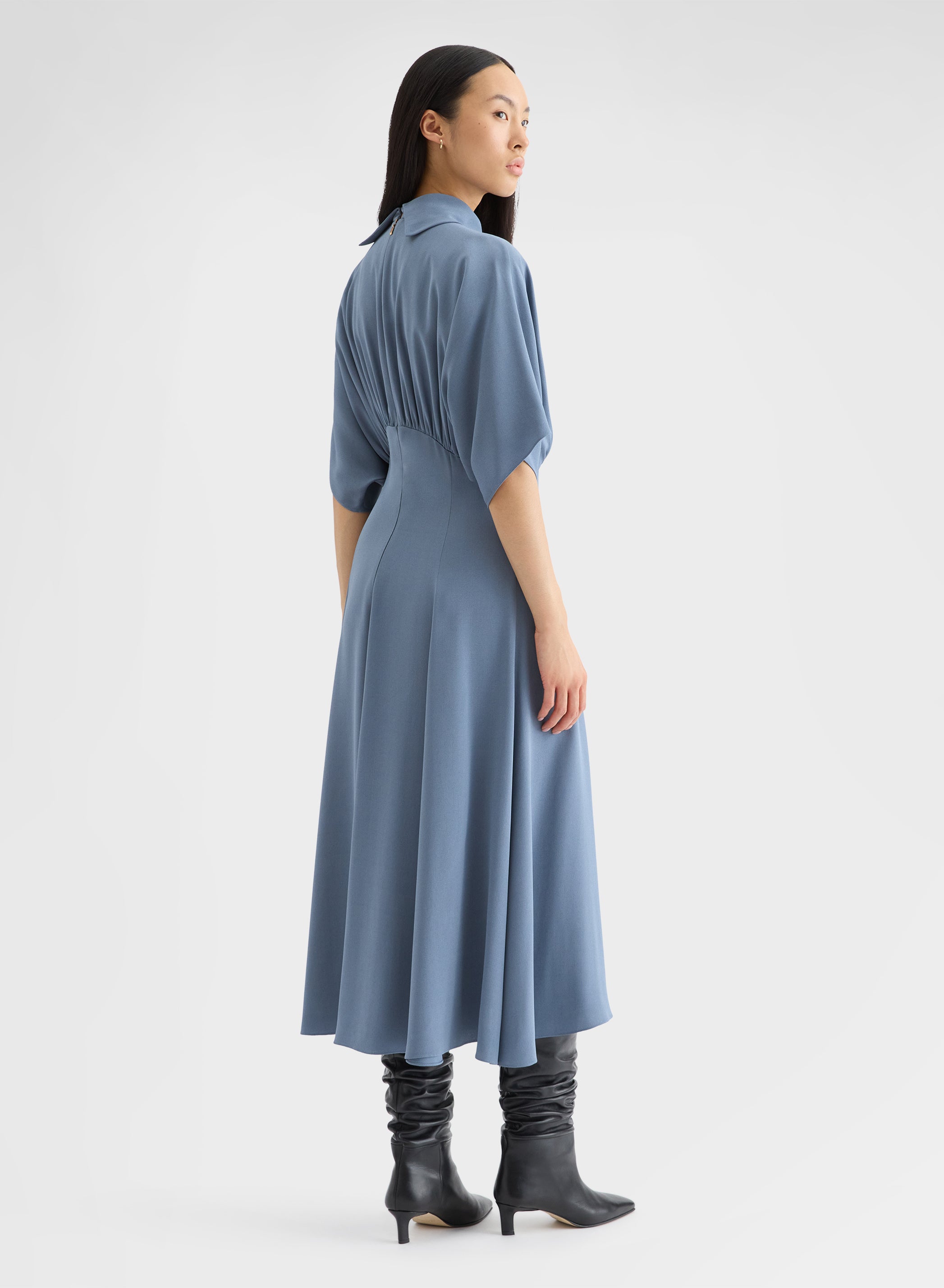 MATT SILK BLEND DRAPED KIMONO DRESS DARK POWDER