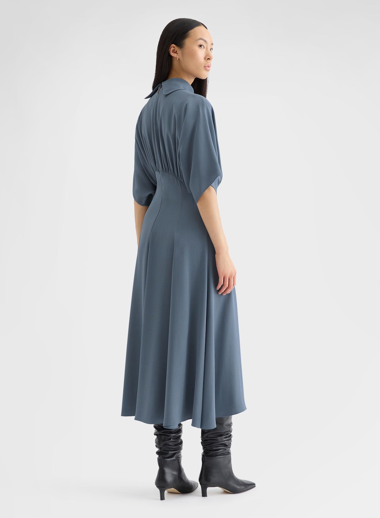 MATT SILK BLEND DRAPED KIMONO DRESS DARK POWDER