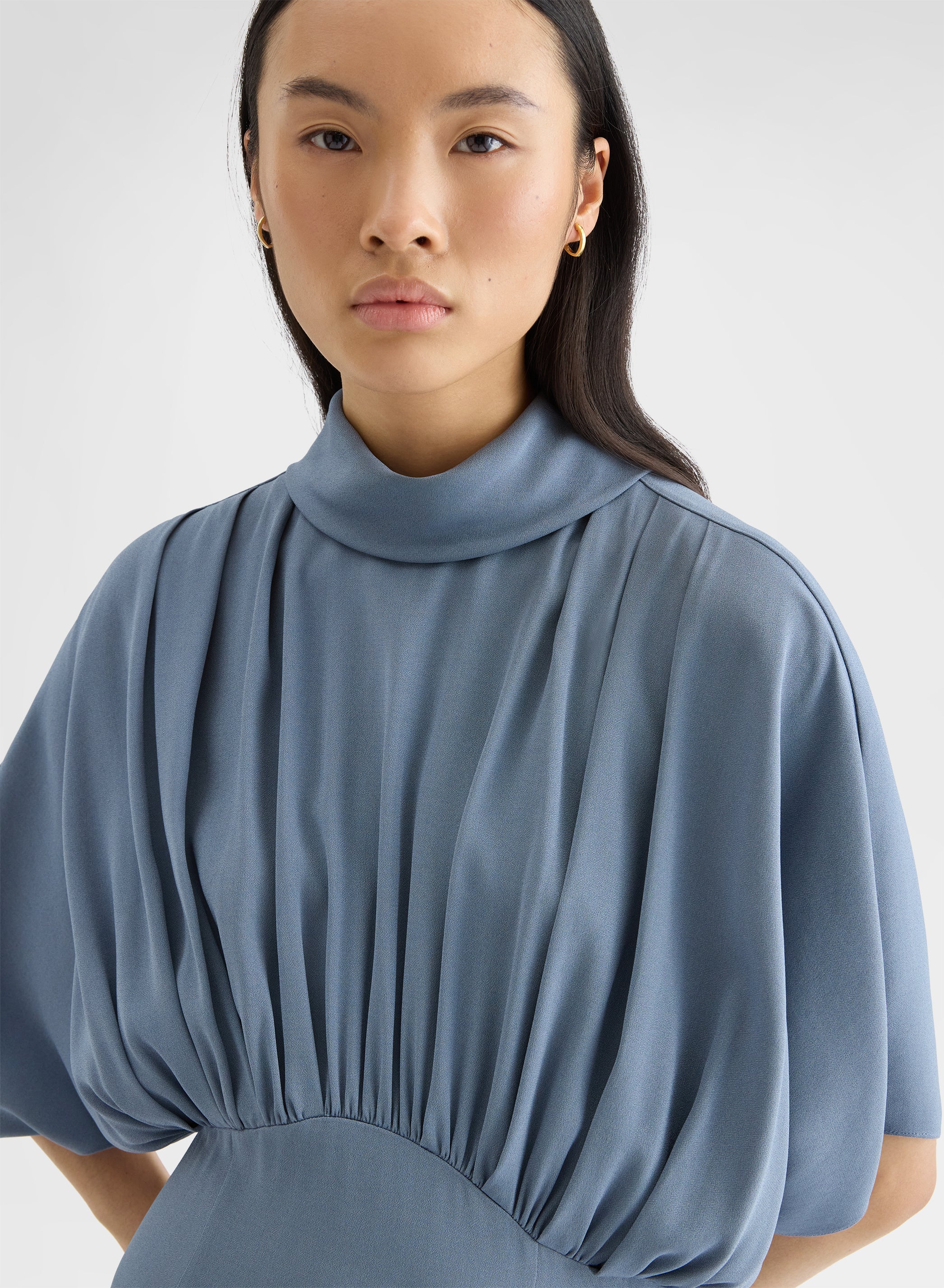 MATT SILK BLEND DRAPED KIMONO DRESS DARK POWDER