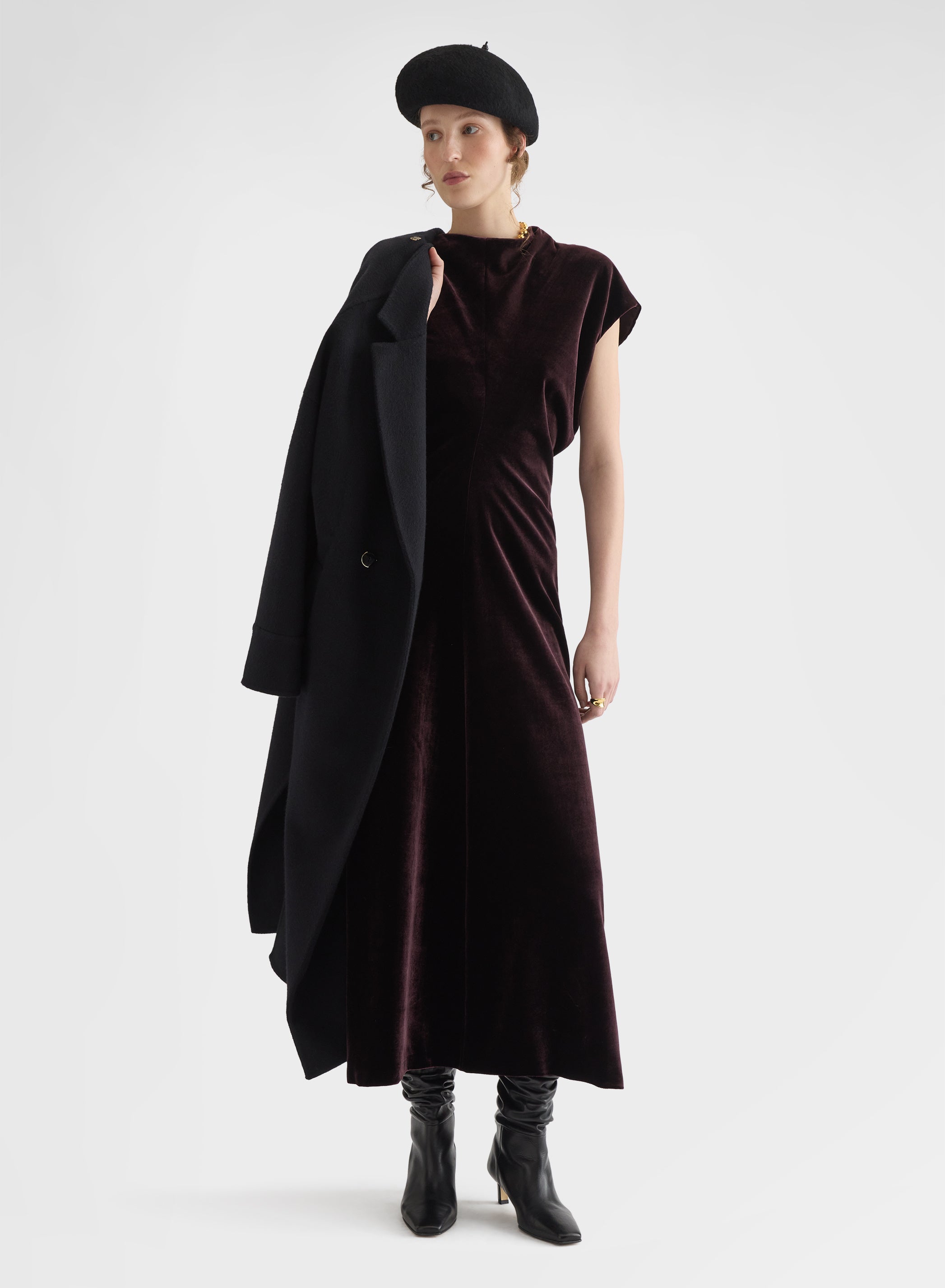 SILK BLEND VELVET GATHERED MIDI DRESS BURGUNDY