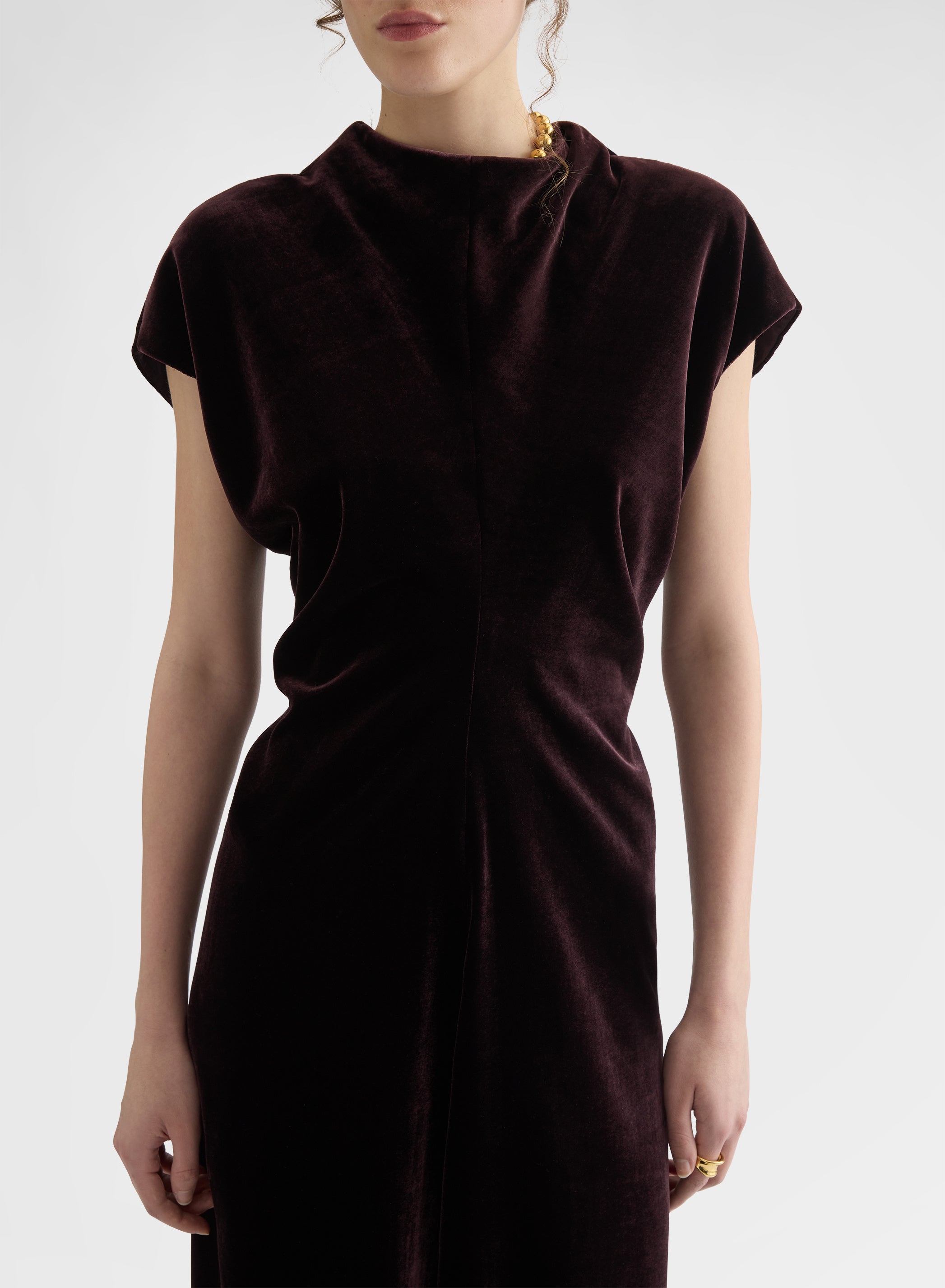 SILK BLEND VELVET GATHERED MIDI DRESS BURGUNDY