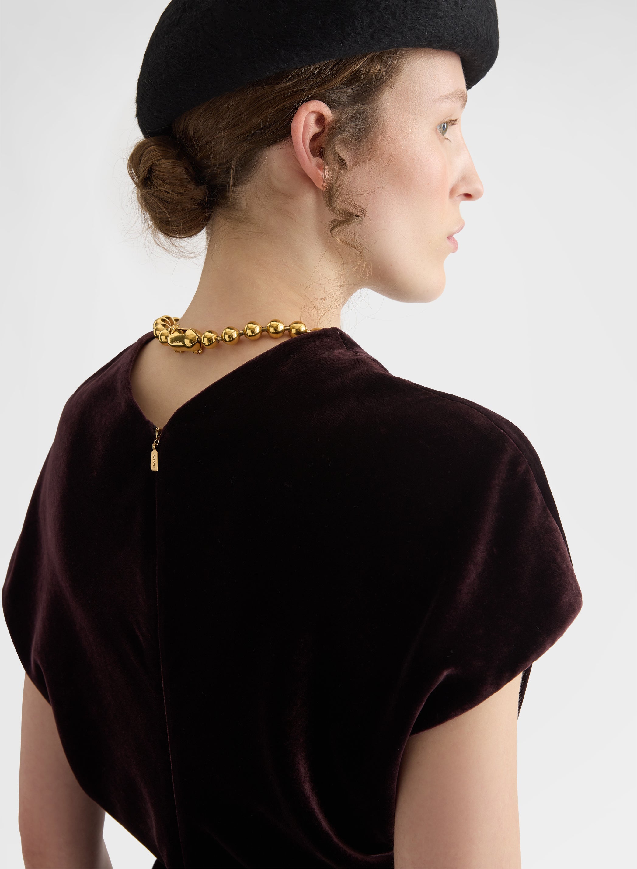 SILK BLEND VELVET GATHERED MIDI DRESS BURGUNDY