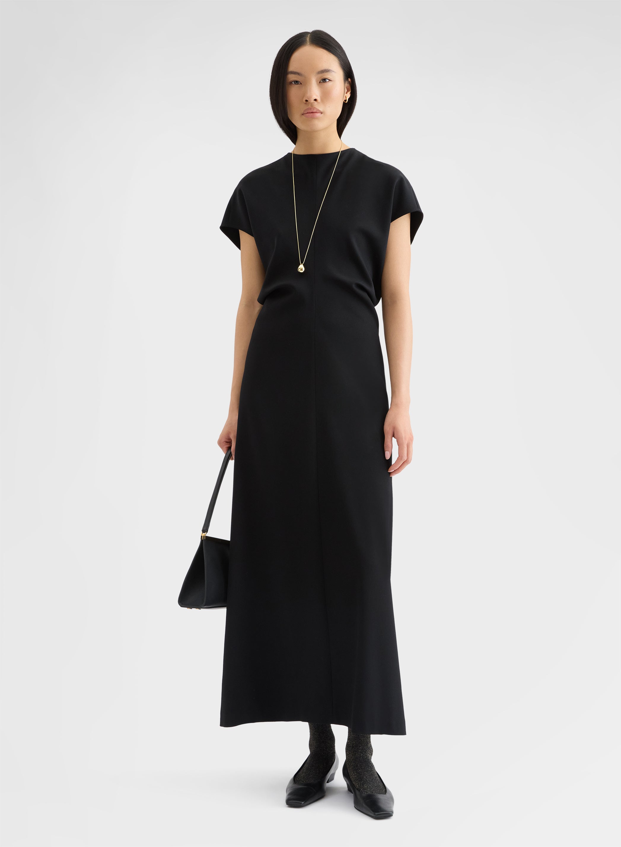 FLUID WOOL GATHERED MIDI DRESS BLACK