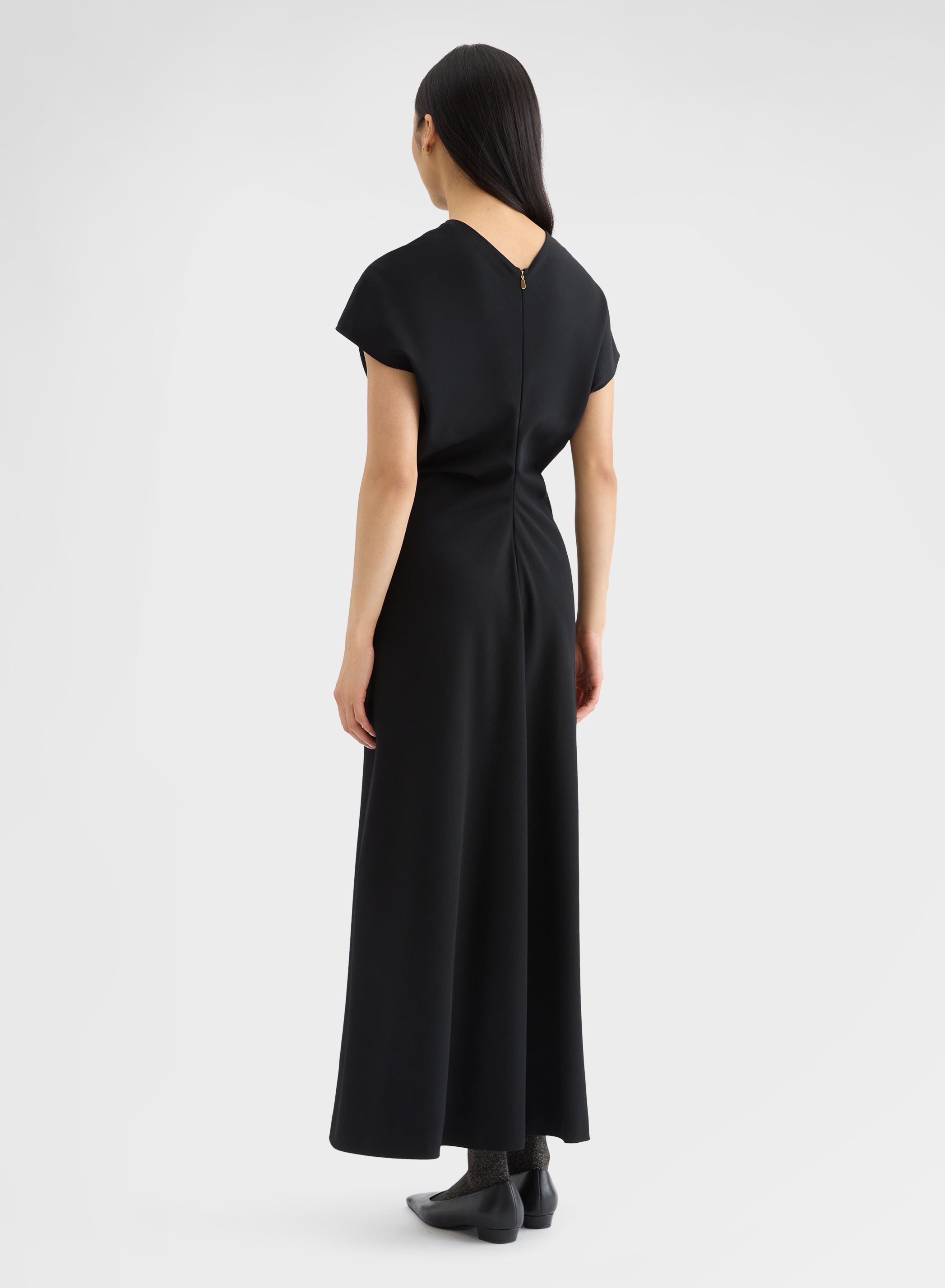 FLUID WOOL GATHERED MIDI DRESS BLACK