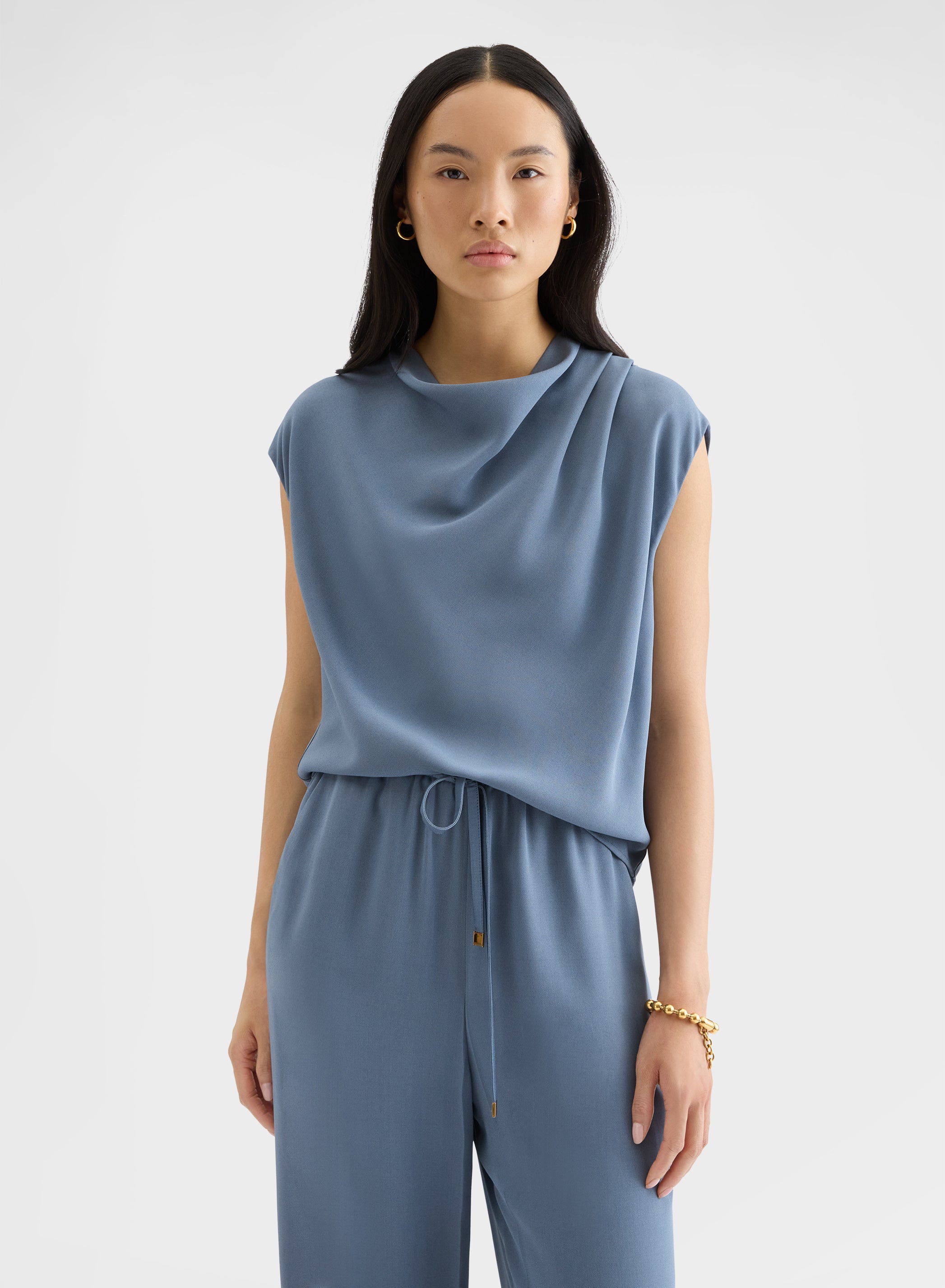MATT SILK BLEND COWL-NECK TOP DARK POWDER