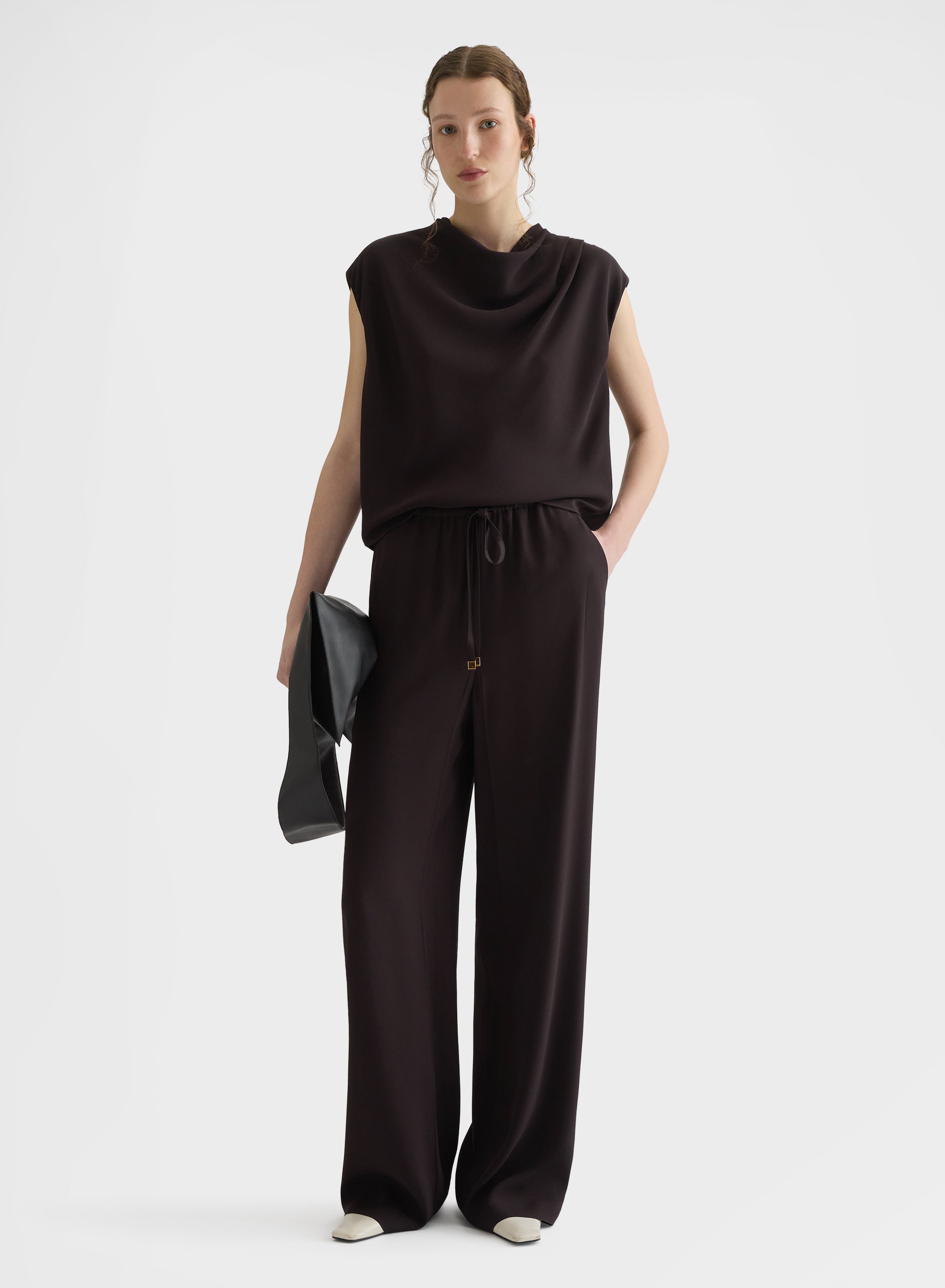 MATT SILK BLEND COWL-NECK TOP EBONY