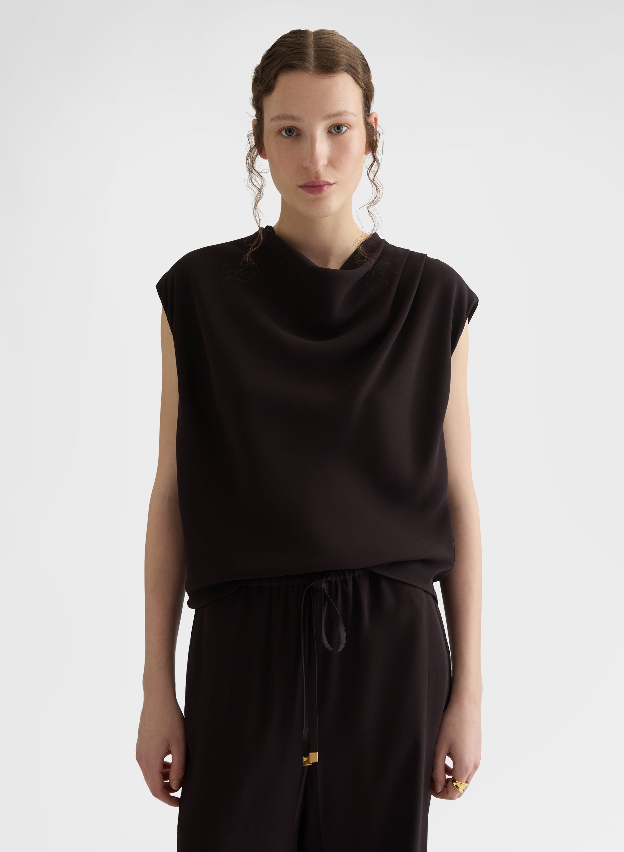 MATT SILK BLEND COWL-NECK TOP EBONY