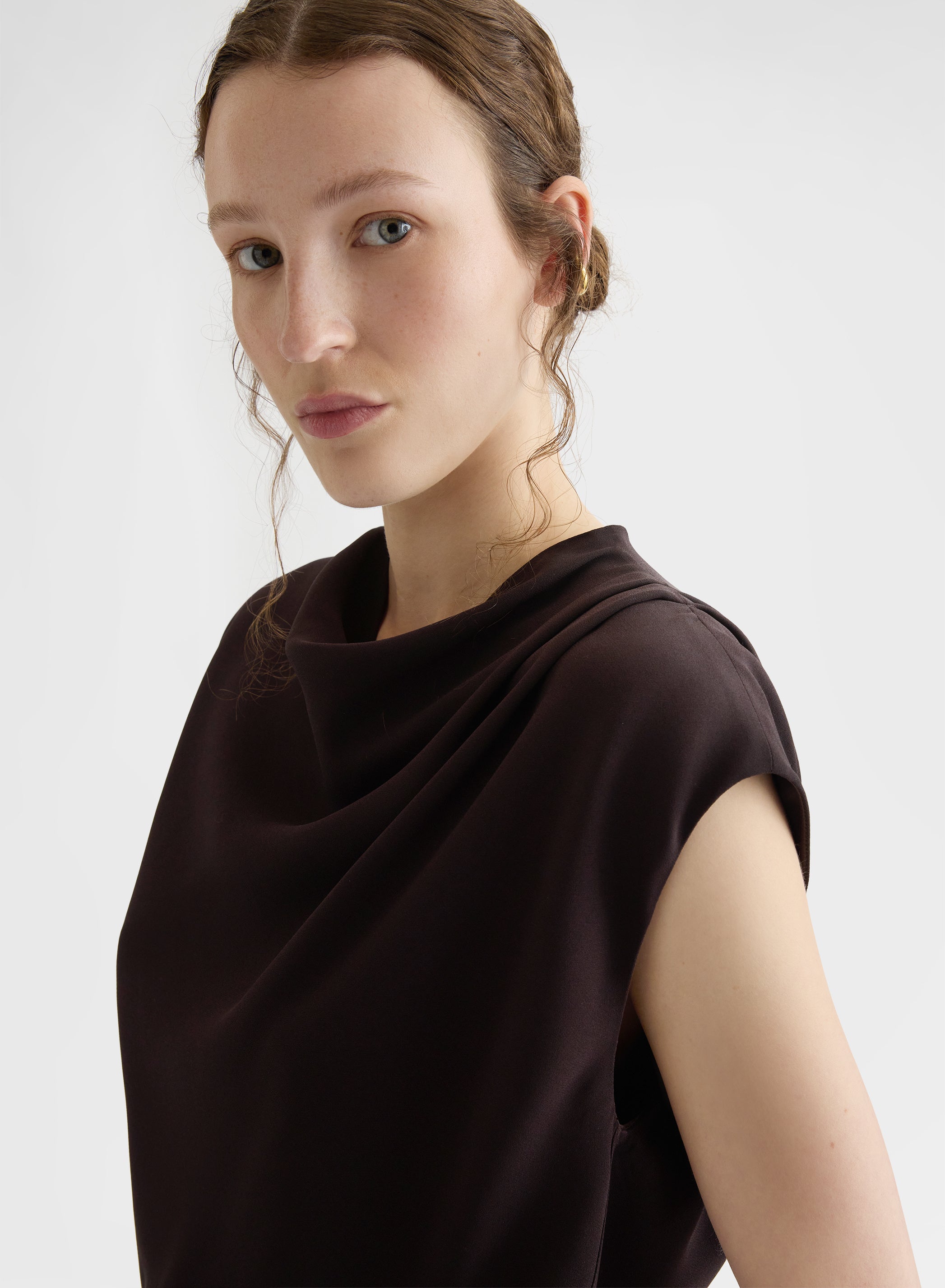 MATT SILK BLEND COWL-NECK TOP EBONY