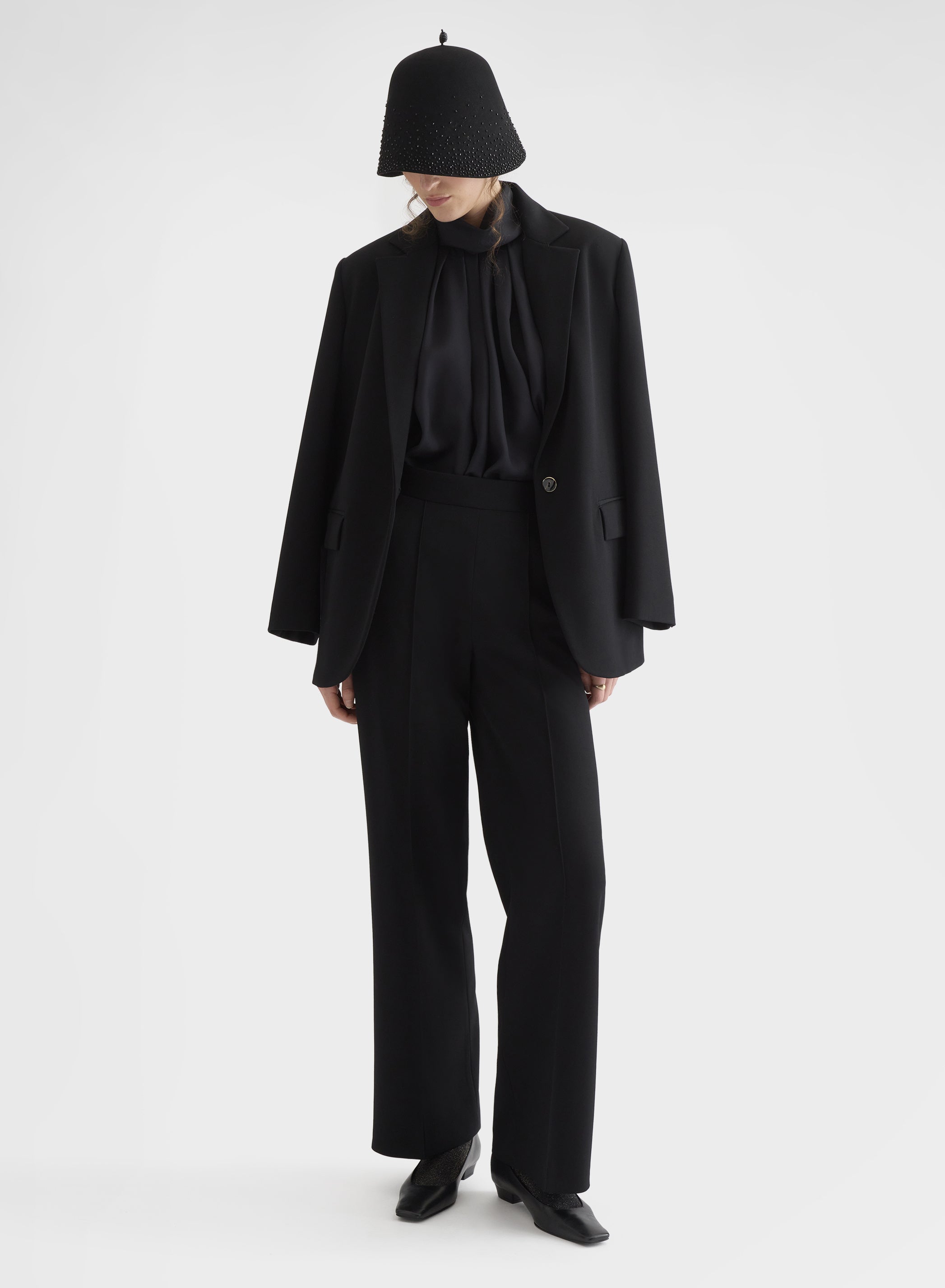 SILK BLEND SABLE HIGH NECK DRAPED BLOUSE BLACK