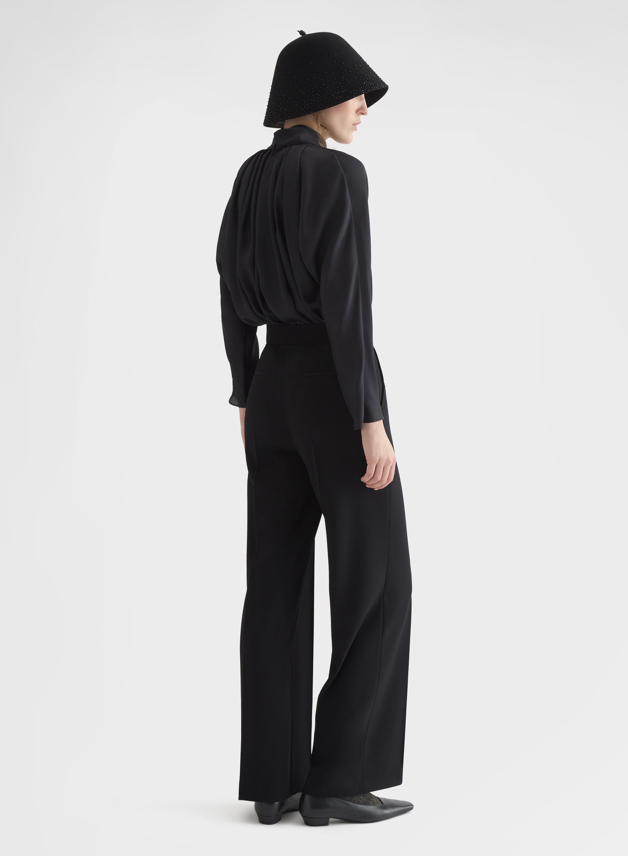 SILK BLEND SABLE HIGH NECK DRAPED BLOUSE BLACK