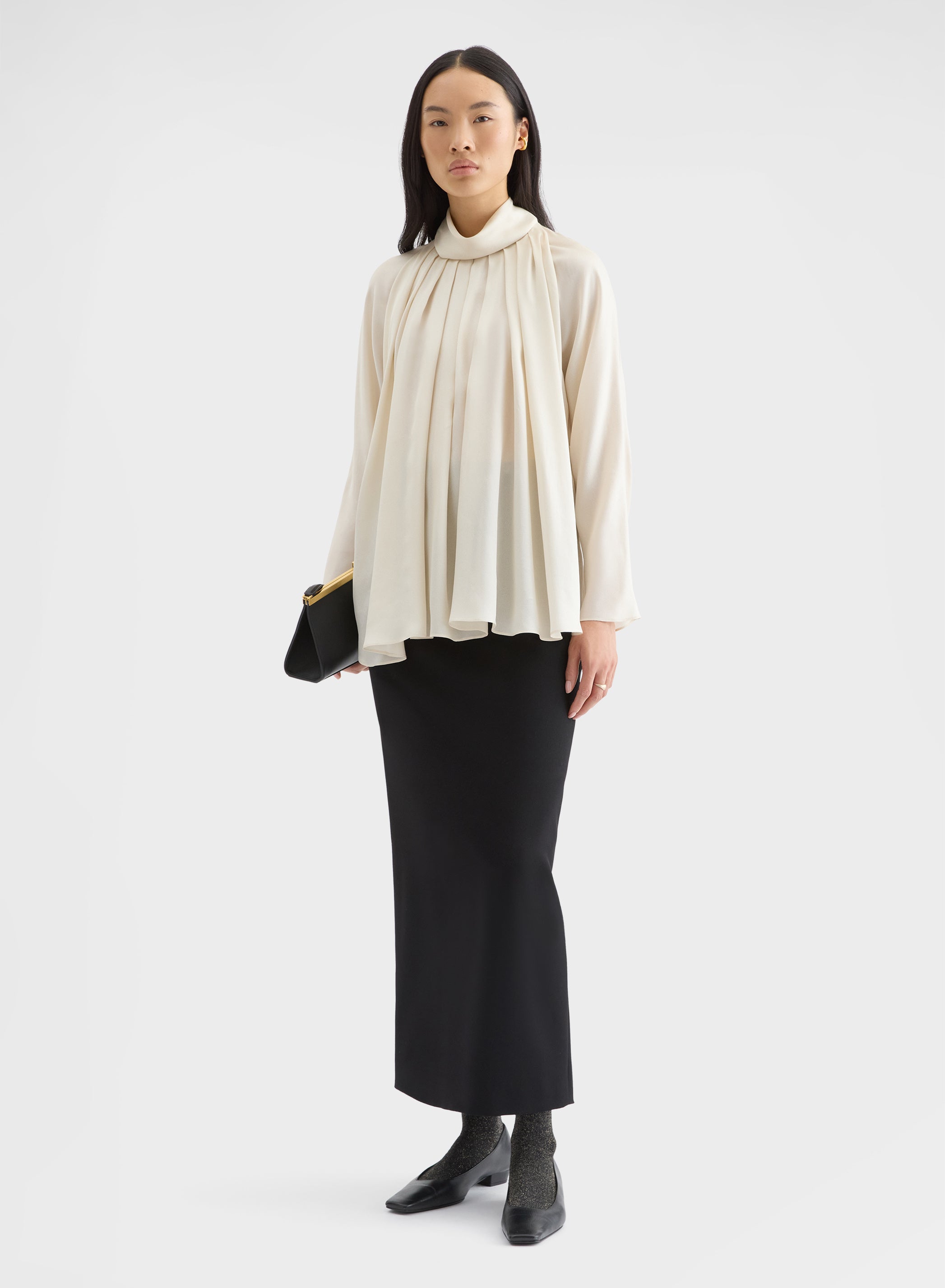 SILK BLEND SABLE HIGH NECK DRAPED BLOUSE SNOW