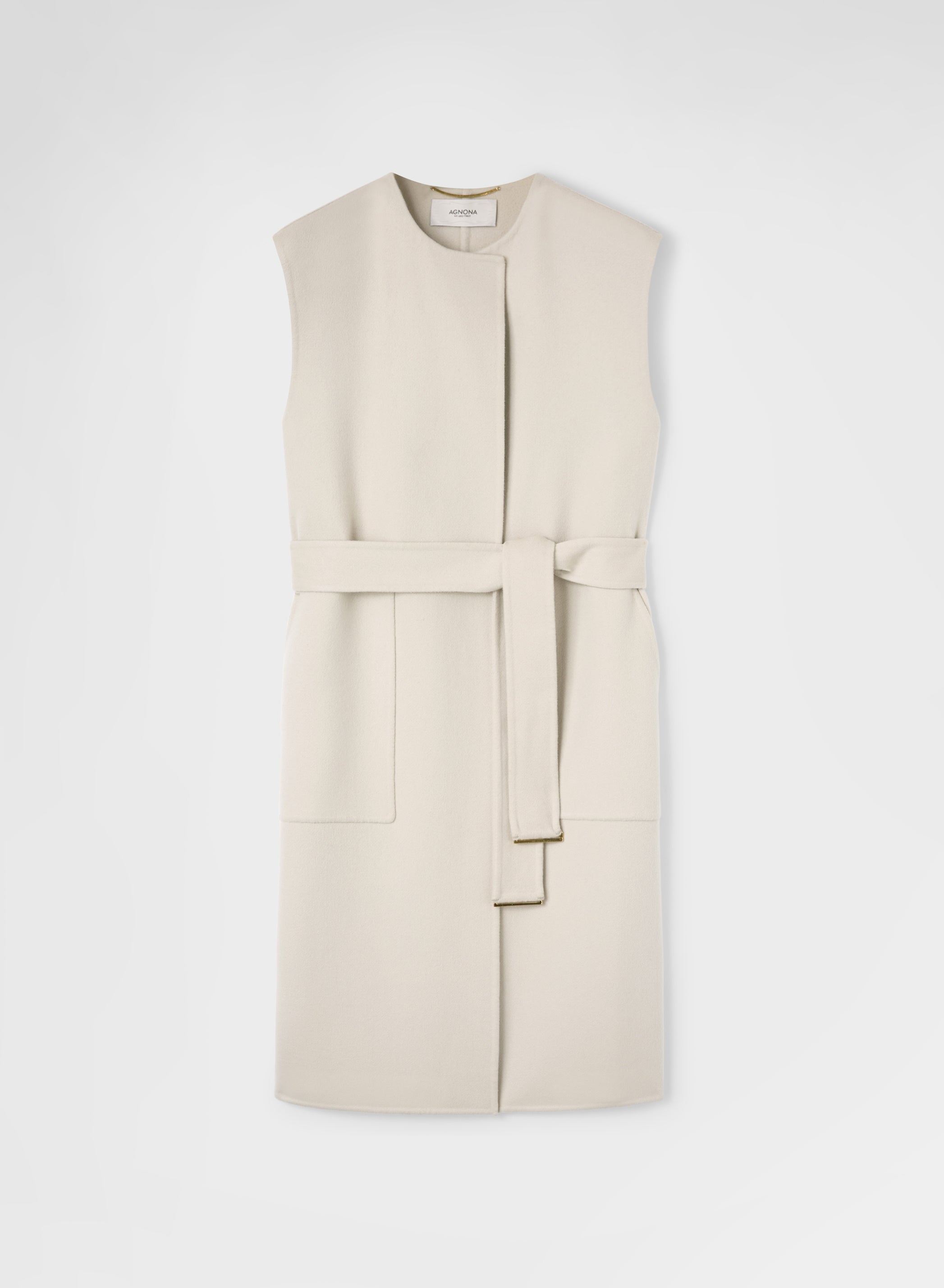 CASHMERE DOUBLE FACE LONG BELTED VEST GREIGE
