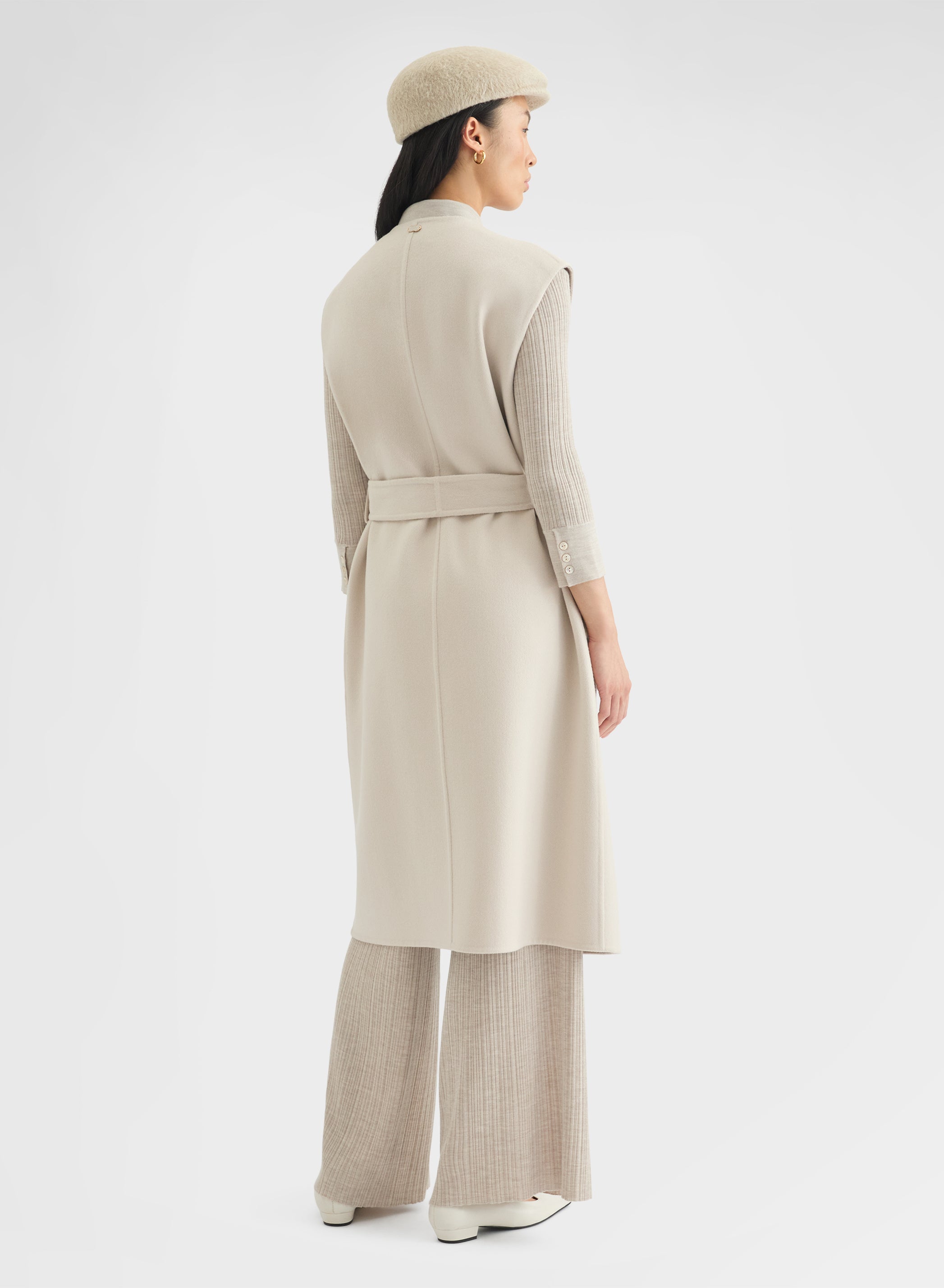CASHMERE DOUBLE FACE LONG BELTED VEST GREIGE