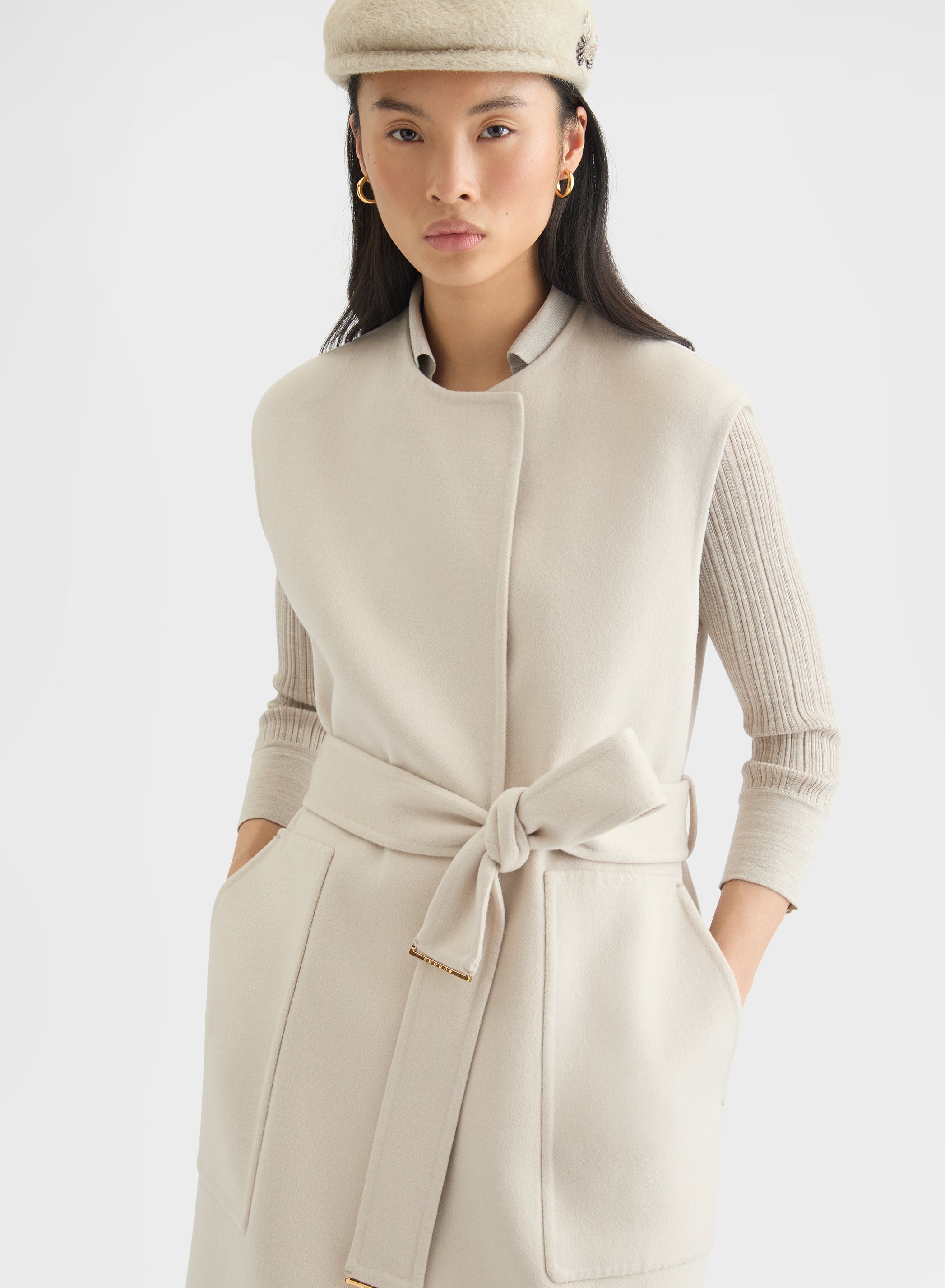 CASHMERE DOUBLE FACE LONG BELTED VEST GREIGE