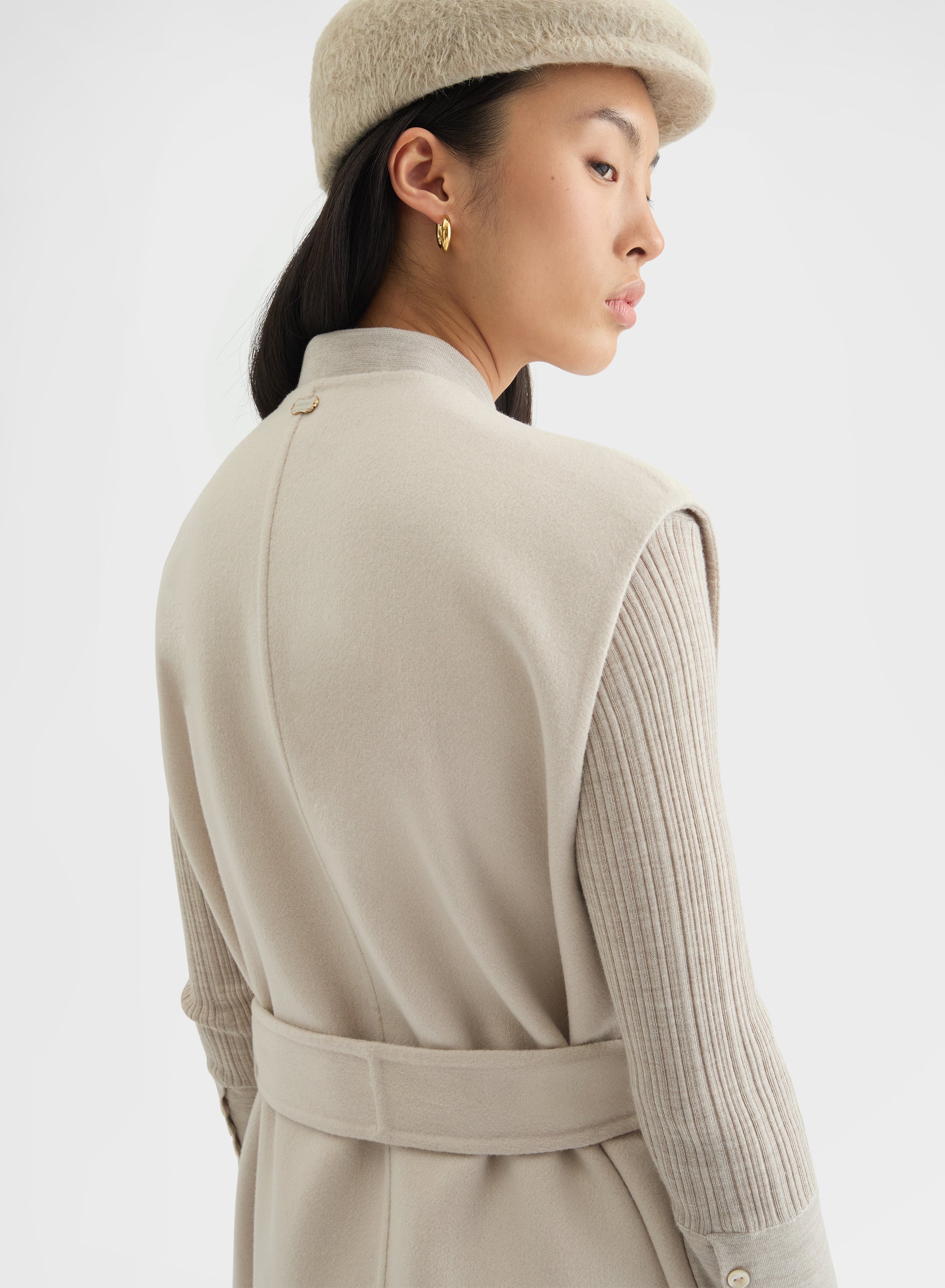CASHMERE DOUBLE FACE LONG BELTED VEST GREIGE
