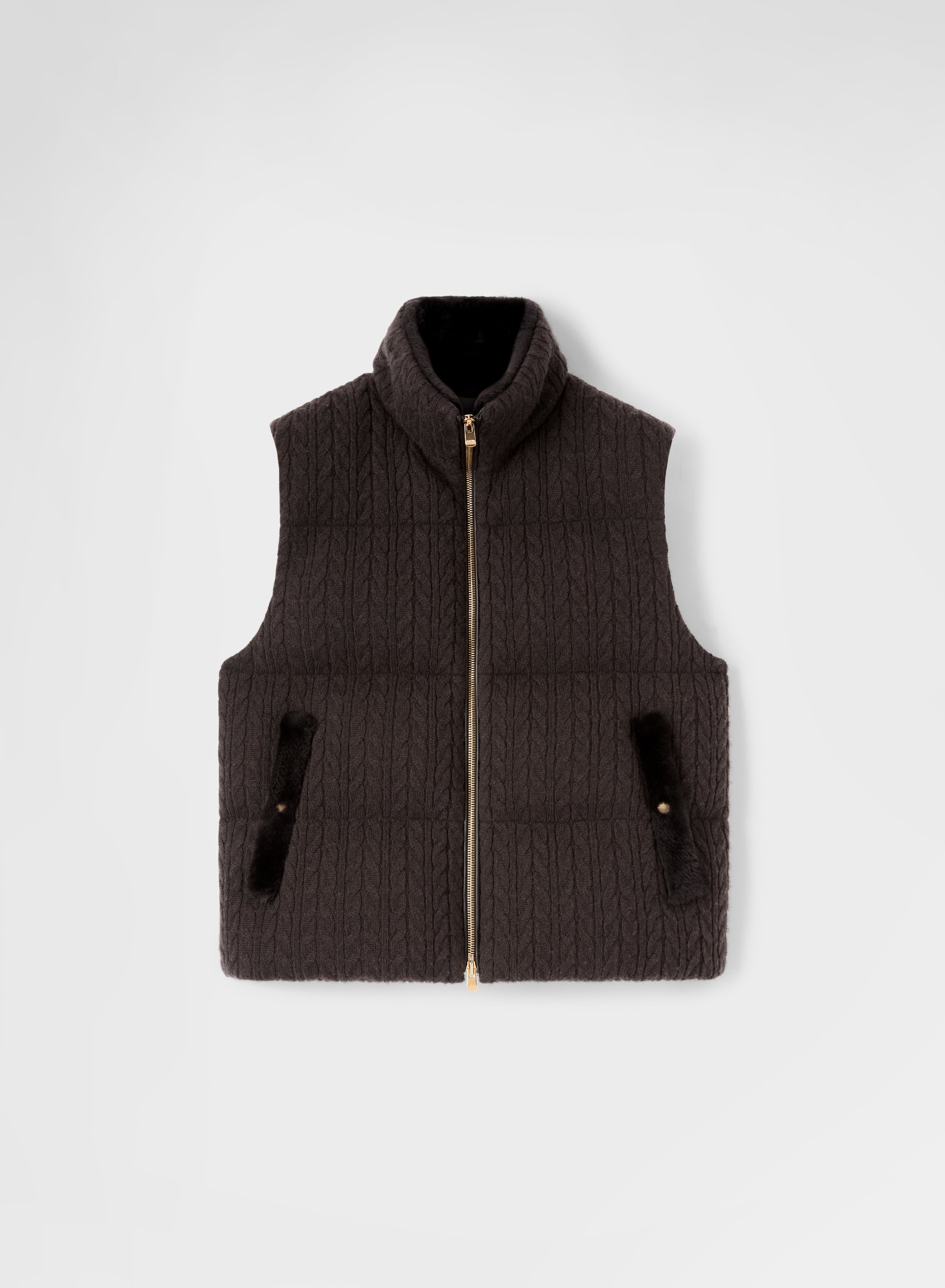 CABLE KNITTED CASHMERE CROPPED PUFFER VEST