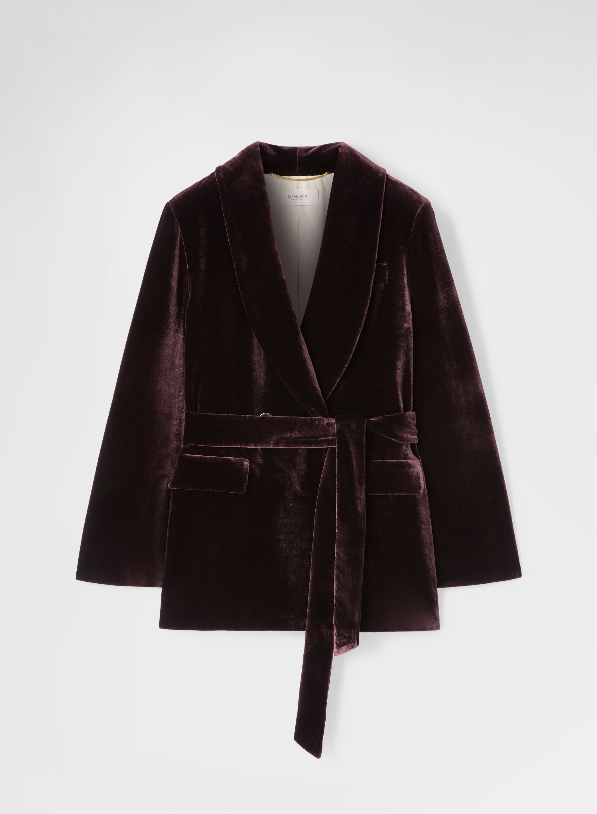 SILK BLEND VELVET DOUBLE BREASTED BELTED BLAZER BURGUNDY