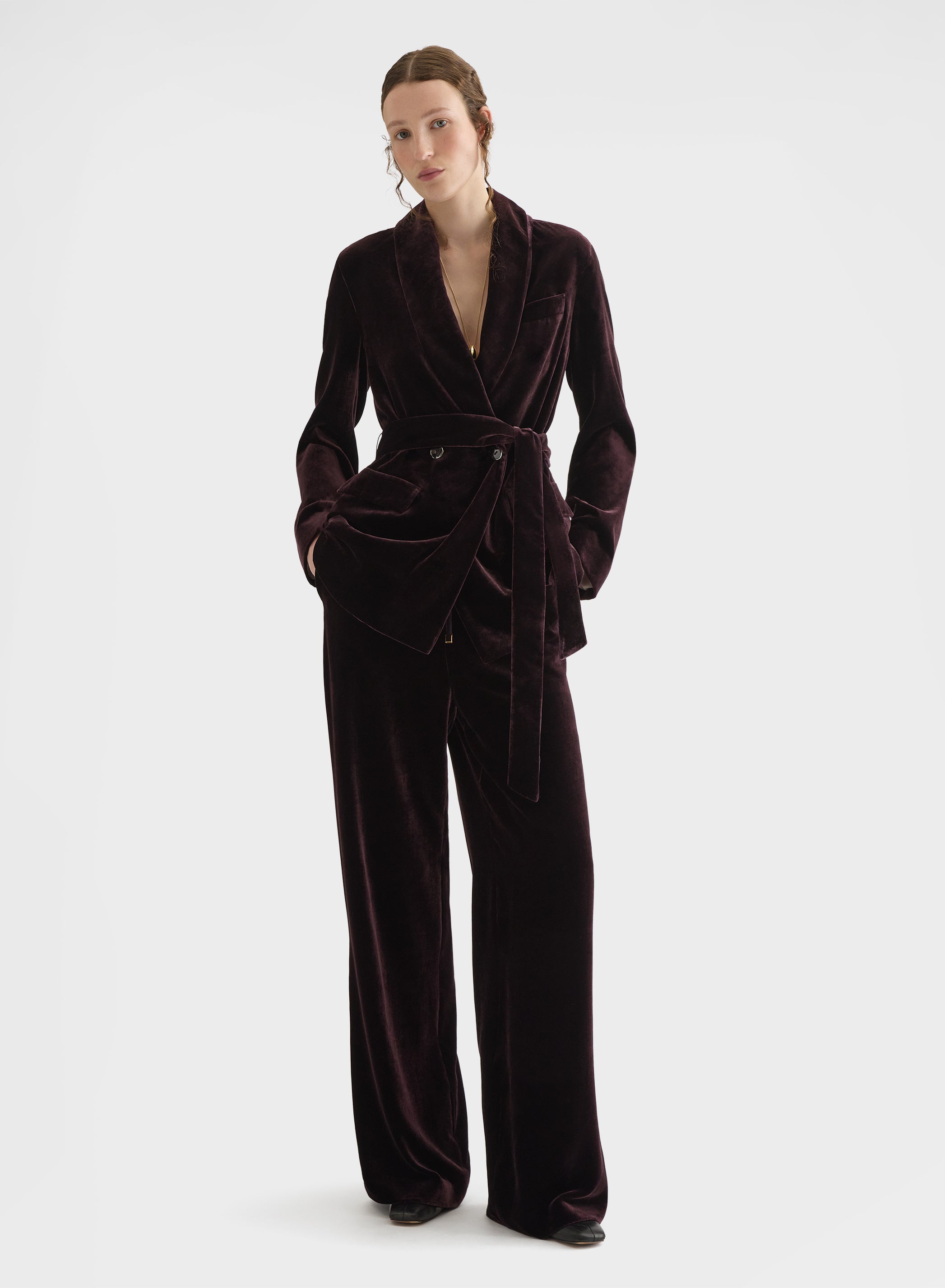 SILK BLEND VELVET DOUBLE BREASTED BELTED BLAZER BURGUNDY