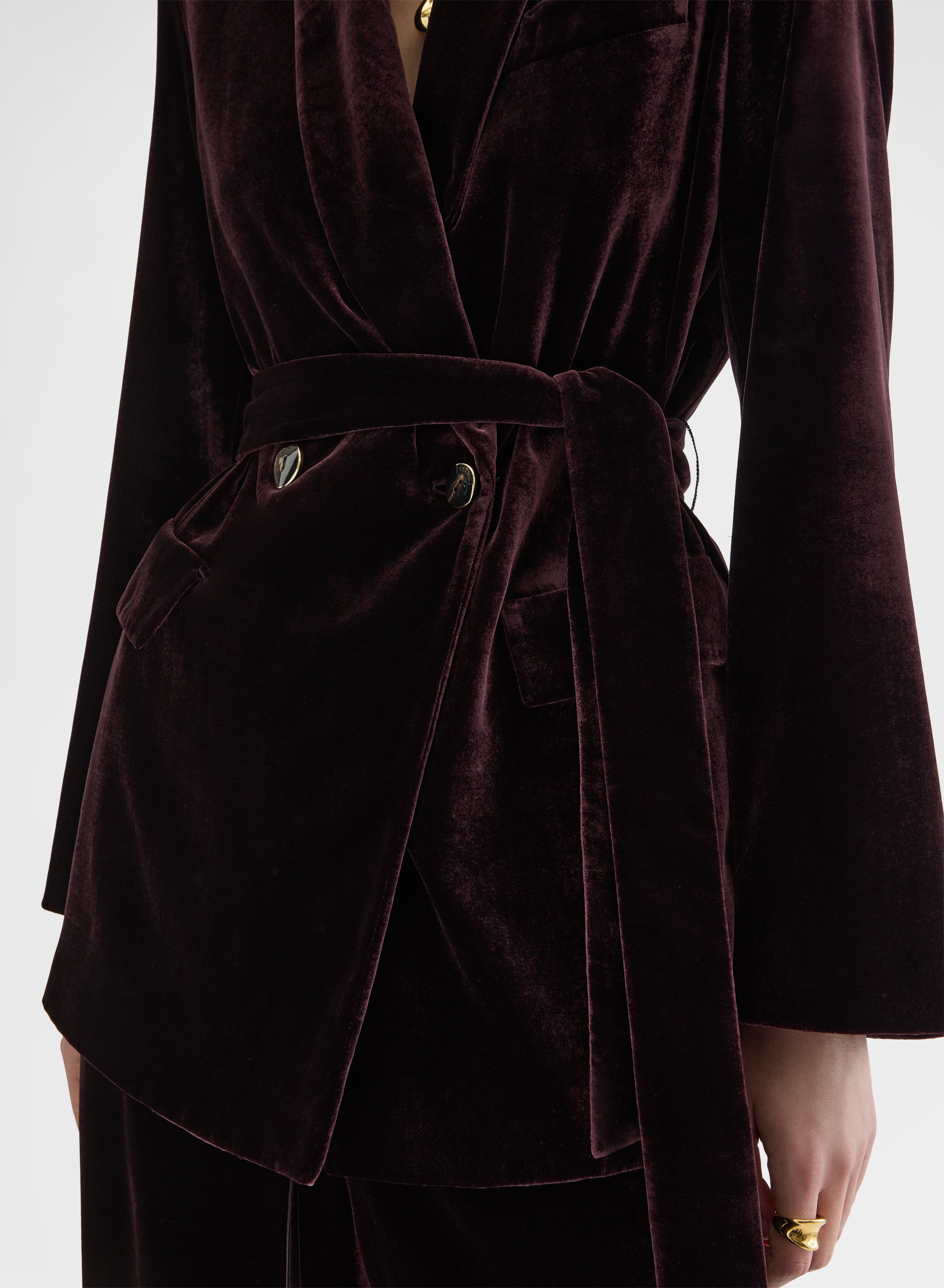 SILK BLEND VELVET DOUBLE BREASTED BELTED BLAZER BURGUNDY